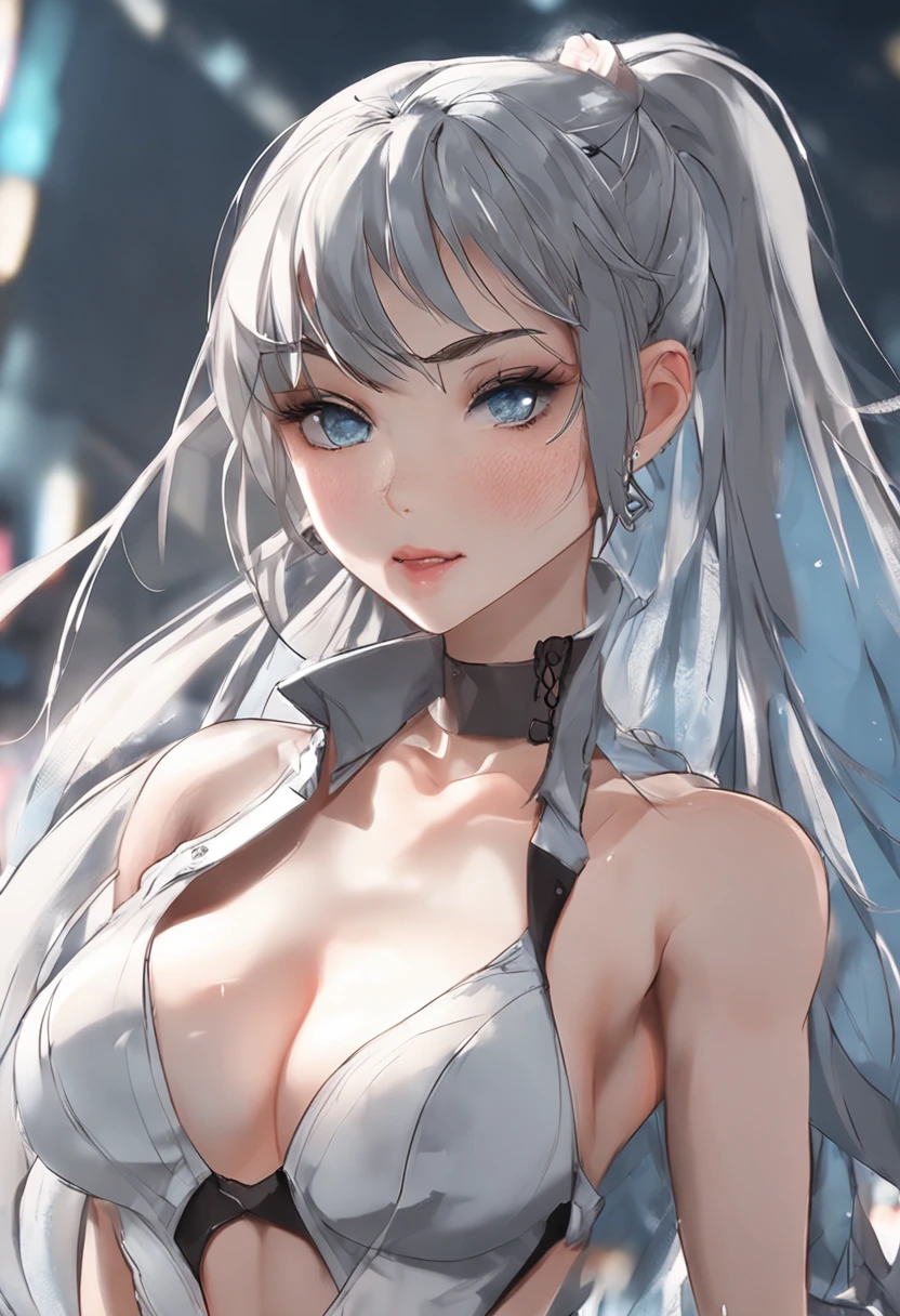 (Realistic, 8K, masterpiece, female, long ponytail and waist, light blue on one side and dark gray heterochromic pupils on the other, slender thick eyebrows, thin summer breasts for women without marks, tuned abs exposed from bikini, white panties with white lace, smooth thighs, catwalk)