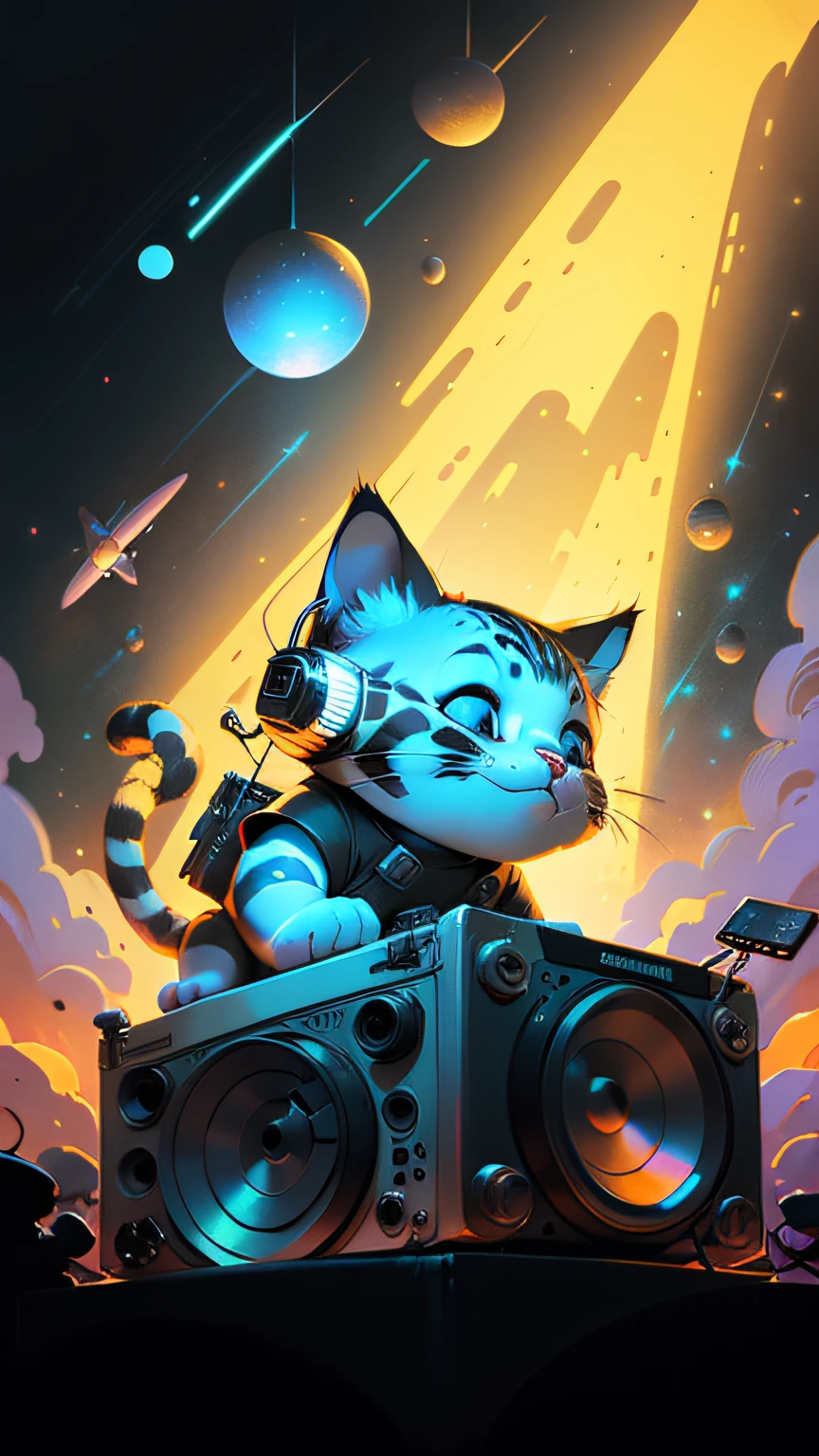 fat kitten playing DJ in the universe, old cartoon style, Disney style, futuristic, unreal, simple line works.