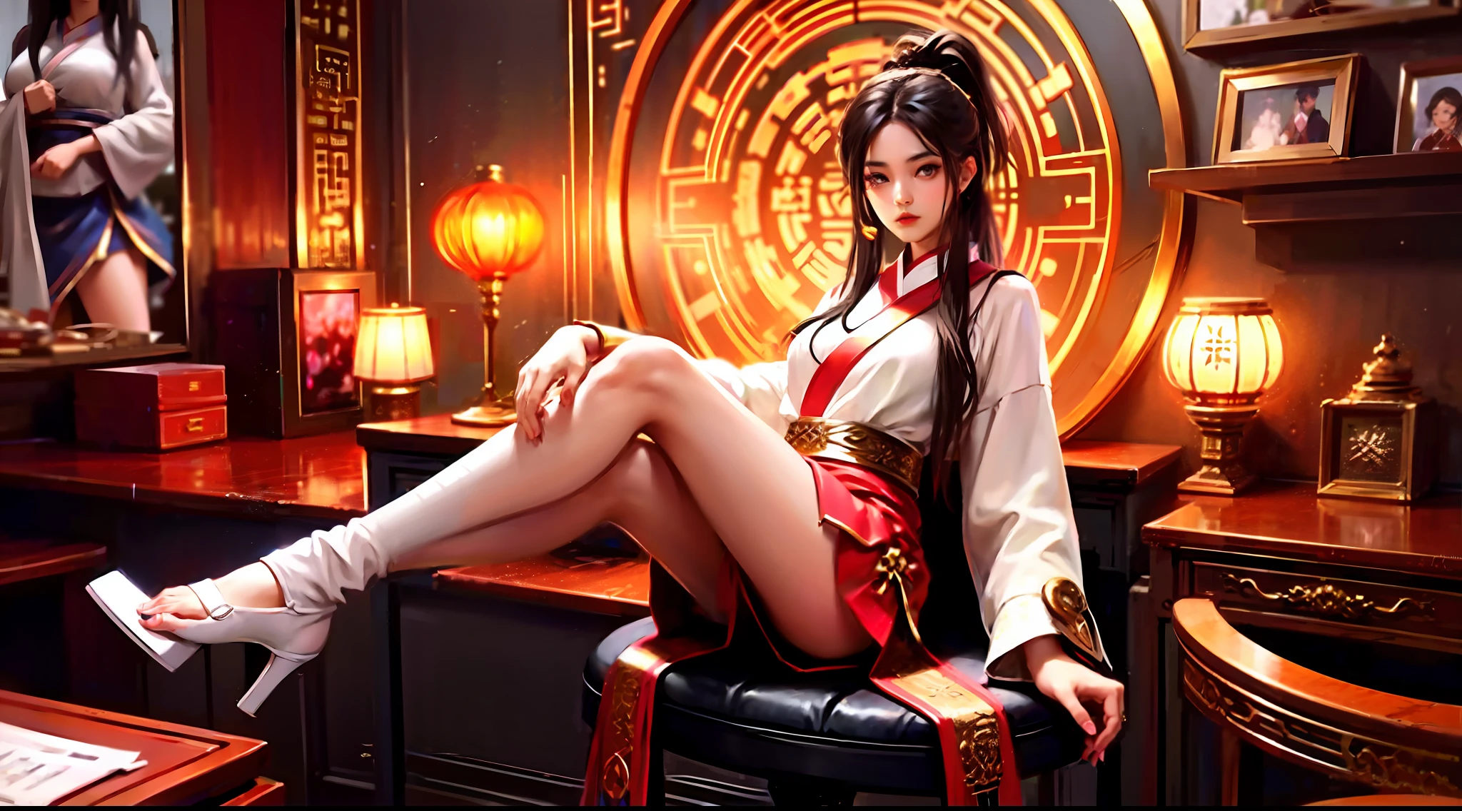 Gorgeous Chinese girl sitting in chair in short skirt and tight stockings, smooth white tight clothes suit, intriguing outfit, With long hair, 2 4 year old female model, Asian girl, Chinese girl, wearing tight simple clothes, full-body xianxia