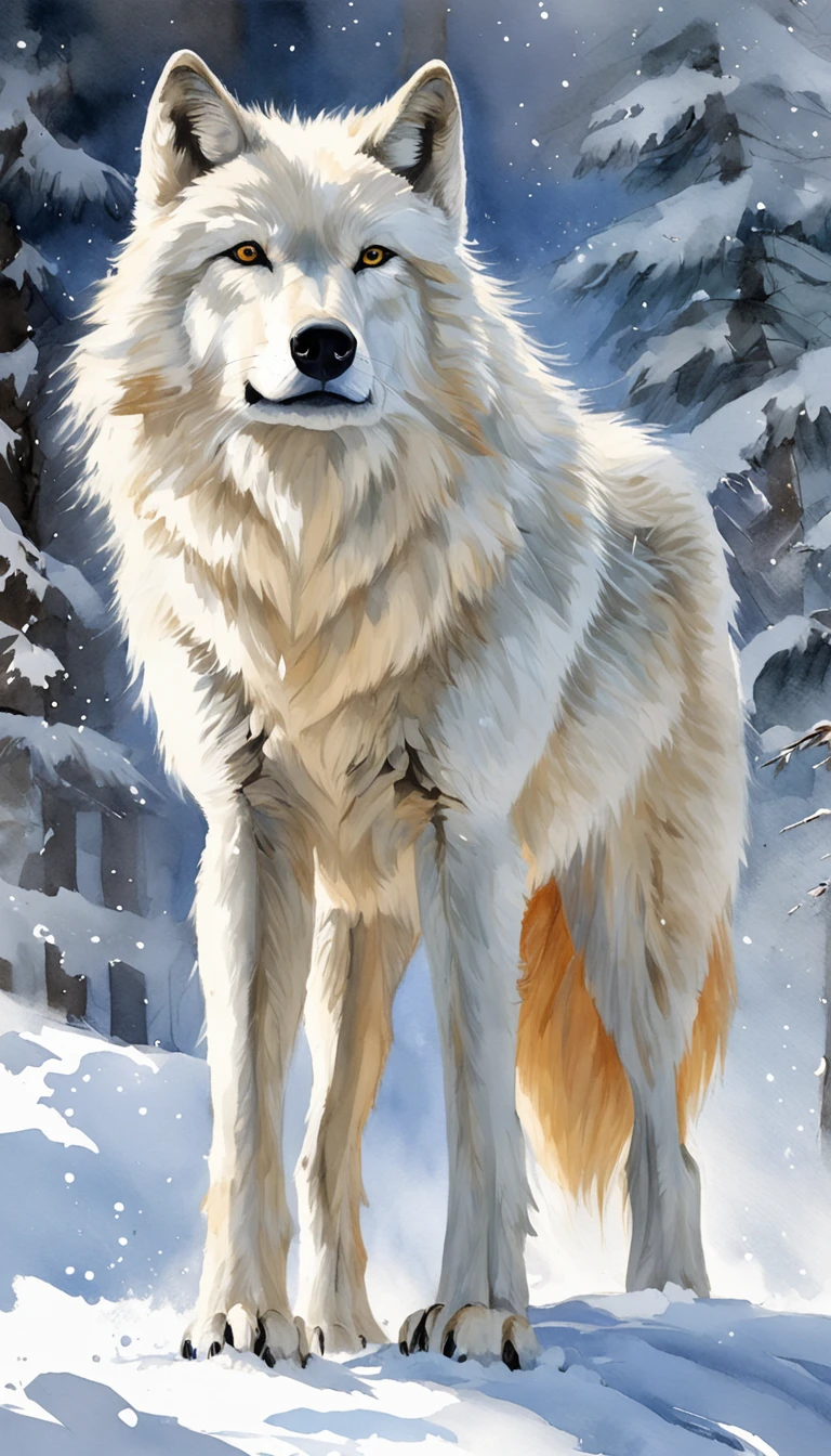 "Majestic white wolf standing in snow-covered landscape, Unleash an aura of beauty and power."