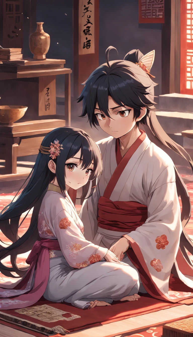 (Daisaku),(Need),(Super meticulous),(full bodyesbian:1.2),Super young man sitting on carpet playing guzheng,Next to it was a young woman with a petal shape between her forehead,Beautiful,Oriental face,4K,With very detailed facial features and cartoon-style visuals。