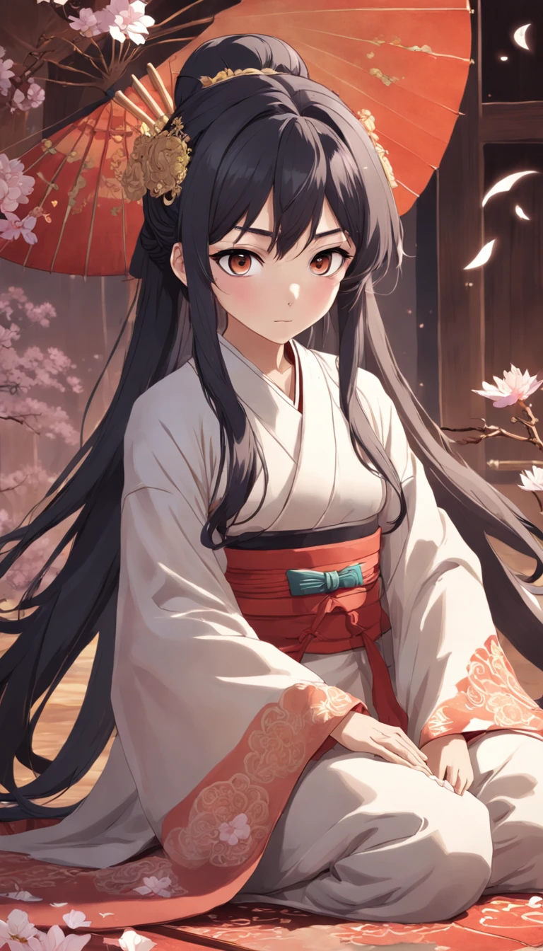 (Daisaku),(Need),(Super meticulous),(full bodyesbian:1.2),Super young man sitting on carpet playing guzheng,Next to it was a young woman with a petal shape between her forehead,Beautiful,Oriental face,4K,With very detailed facial features and cartoon-style visuals。