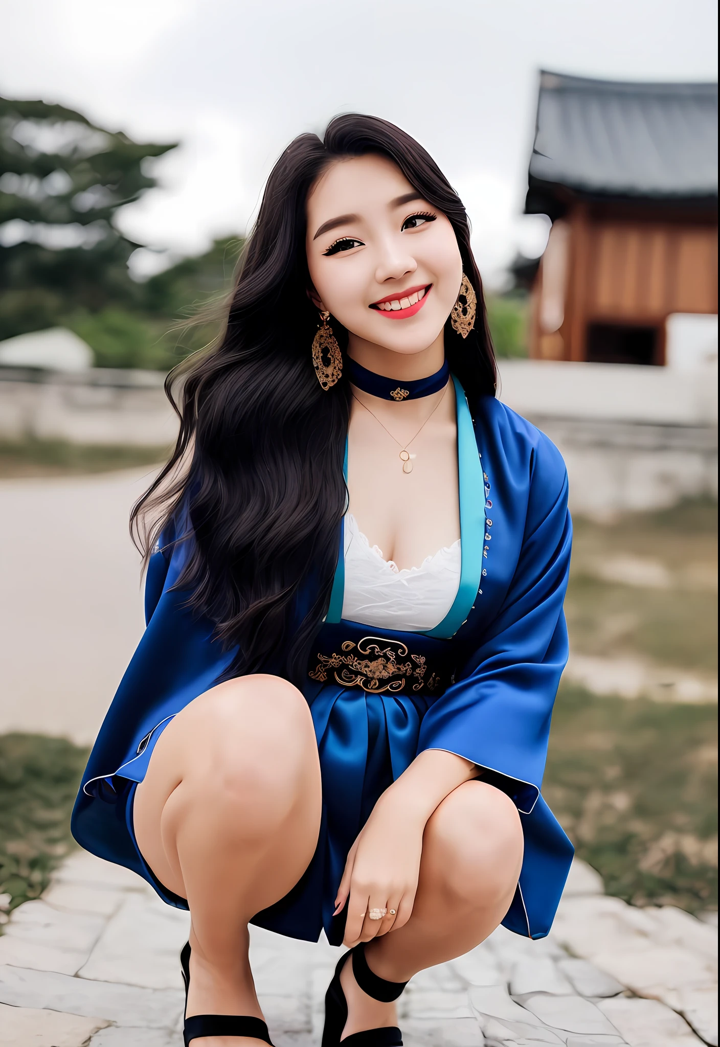 best quality, muste piece, It&#39;s photorealistic, high resolution, 8k students,solo, 1 girl, NSFW、semi-long hair、30 years old、(Royal blue miniskirt dress with gold trim)、Crouching、((pubic hair)), slender body shape、legs spread wide、 ((no panties))、smile、high heels、earrings、necklace、skirt lift、Aegean Sea, exposed cleavage, small breasts,