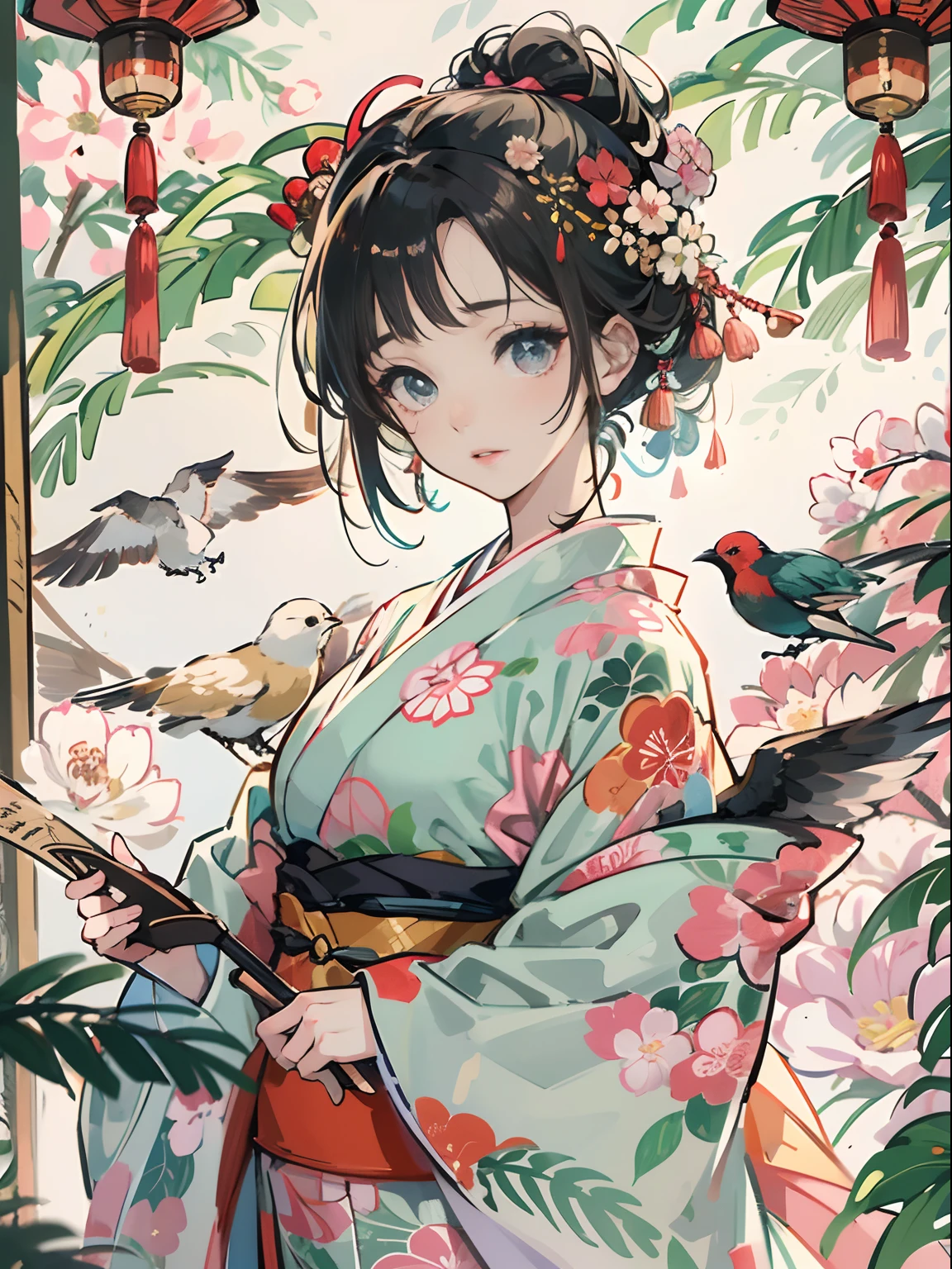 Master Pieces,hyper quality, Hyper Detailed,Perfect drawing,独奏、Beauty in the world、Komono、Japanese dress、Black-haired、Japanese hair、Colorful Japan kimono、Nishijin Ori、Delicate and smart eyes、Half-open lips、sidelong glance、Graceful、Gorgeous、Beautiful、red blush(0.2)、Dazzling、Stunning、Gorgeous、Gentle、Shunguang、natural soft light、Flowers and Birds Fugetsu、traditional Japanese room、Accurate drawing、Detailed drawing、