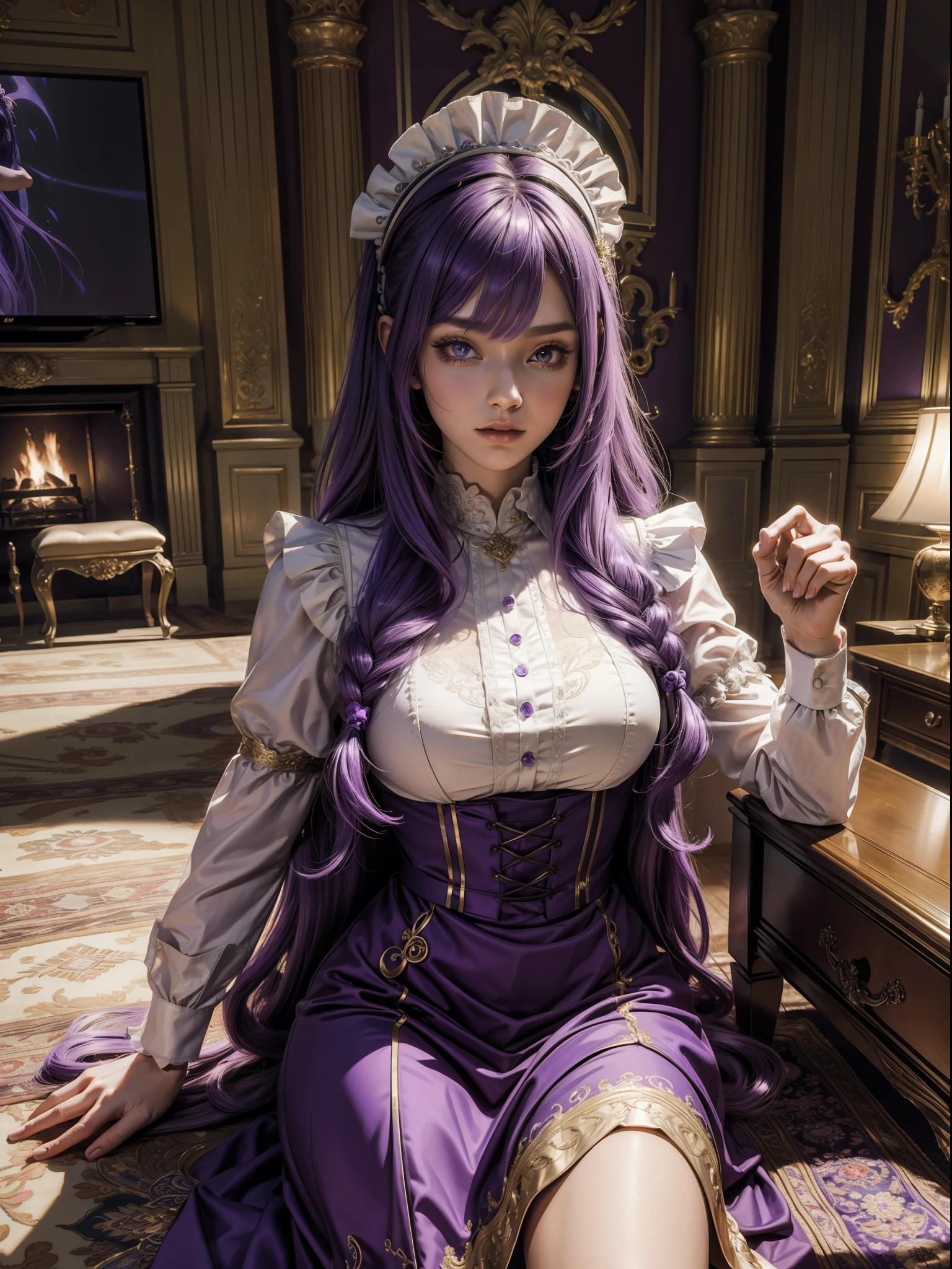 lilac purple hair、cat ear、Strawberry hairpins、beret、round frame glasses、dual horsetail、long whitr hair、Braided sides at the sides,Long braids,Dull hair,Purple pupils、Round pupils、neck rings、Hit the singing suit,Anatomically correct,Moles under eyes,anime big breast,Light smile,naughty big breasts,By bangs,Ray tracing。