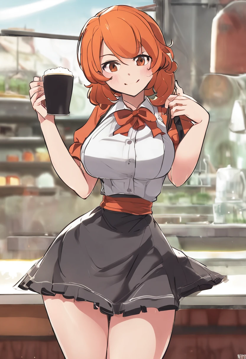 ai_generated curvy_body curvy_female curvy_figure The average cup size female_only huge_breasts looking_at_viewer +maid solo_female solo_focus stable_diffusion waitress orange_hair green_eyes lifts the skirt showing black panties legs in pantyhose