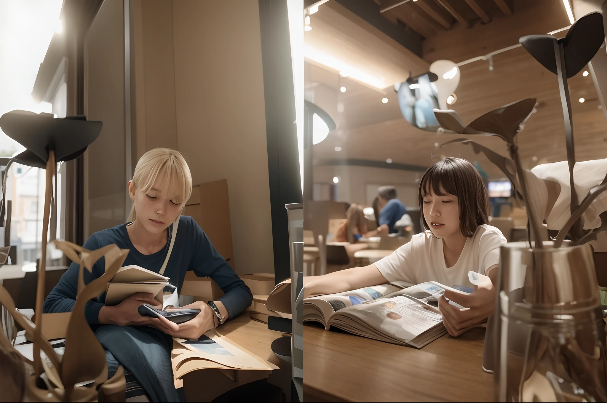 Two people sat at a table reading a book, From reading to playing games, taken with sony alpha 9, reading new book, taken on iphone 1 3 pro, shot on iphone 1 3 pro max, reading in library, taken on iphone 1 3 pro, shot with iphone 1 0, ruan jia and brom, shot on iphone