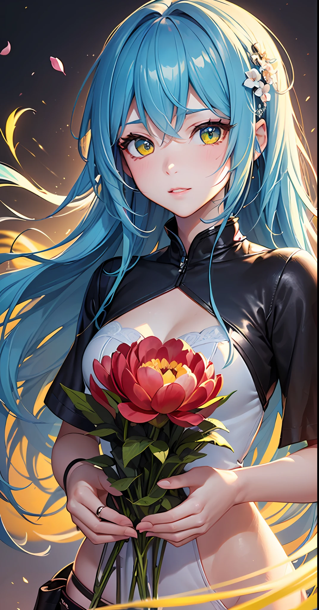 (Best quality, artist, Illustrator), (Optimal brightness), (BEST lighting), (extremely detailed 8k cg wallpape), (1 girl), Yellow eyes, Long blue hair, Blue-green eyes, Background of the techno-electronic place,Wavy detail hair，A tattoo of a peony flower blooming bright red,Delicately showing the texture and texture of the petals。
