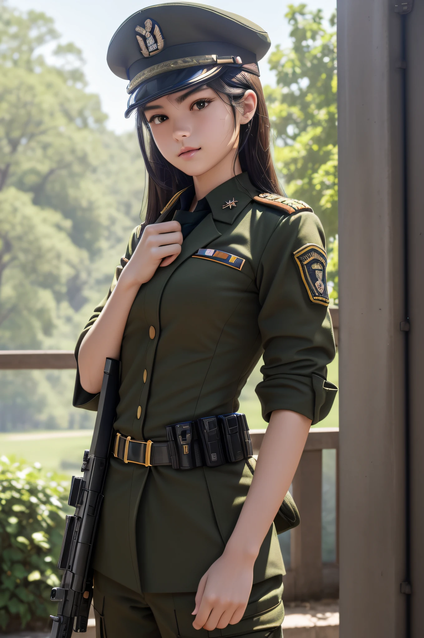 Very detailed CG unity 8K wallpaper，（tmasterpiece），（best qualtiy），（ultra - detailed），（Ultra photo realsisim），（best character detail：1.36），Nikon D750 f / 1.4 55mm，profesional lighting， physically-based renderingt, 1girll, Female soldier，army suit，Dark green military uniform，Fabric texture military uniform，（（（Headband with officer's hat））））（((Hanging guns：1.2)），Pure white lining，Dark green tie，Black hair，the golden ratio,[:(com rosto detalhado:1.2):0.2]:,PureErosFace_V1, broad shoulder,,(big assa:1.5)，Soaked with sweat，red flags，In the square，Splendid scenery，bright sun，upper body photos，Place your hands on your chest，（（（Fighting posture：1.8））），（（（Collar：1.2））），（（（Wearing a military cap：1.2）））,Perfectcomposition,