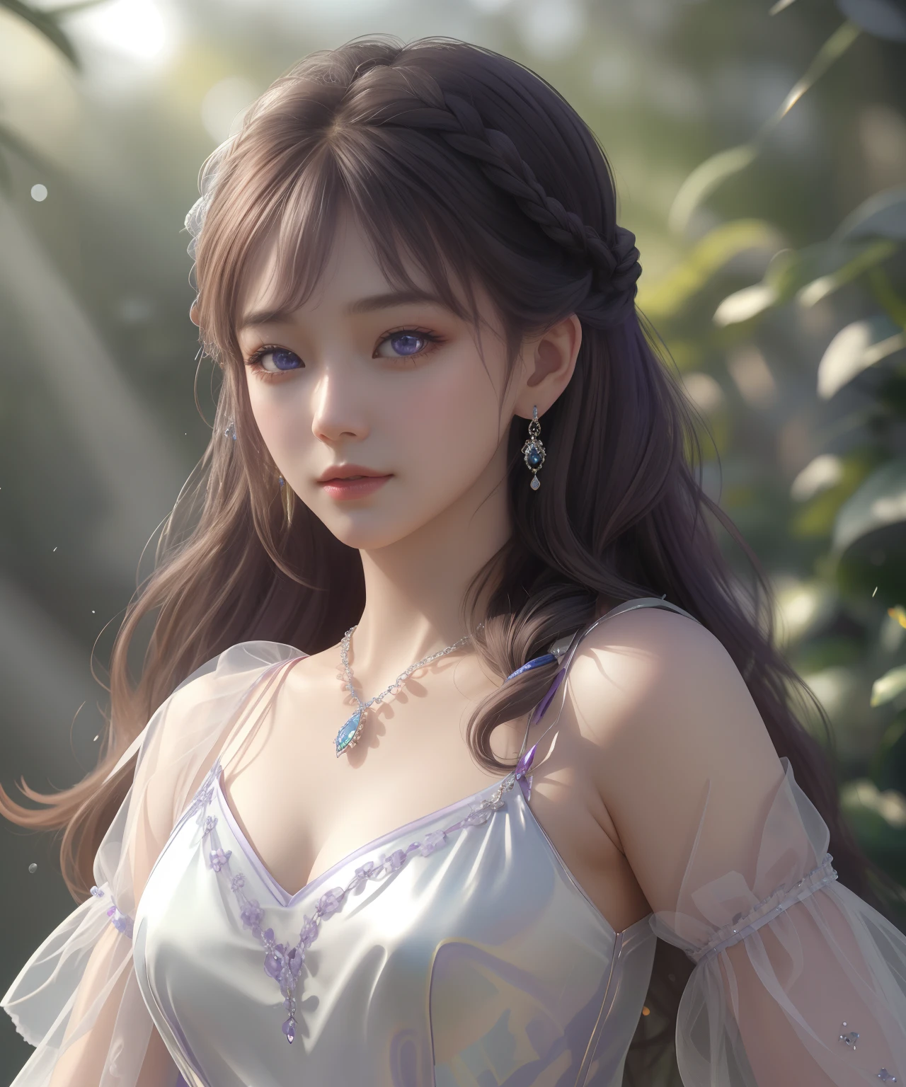Best quality、tmasterpiece、A high resolution、1 Noble ladies、Purple clear eyes，Porcelain dress、Delicate braided hair，Delicate hair accessories、Fine Necklace、detailed jewellery、pretty  face、Physically、Tyndall effect、realisticlying、Shadow Studio、edge lit、bicolor lighting、（highdetailskin：1.2）、8K, Ultra HD、Digital SLR、softlighting、high high quality、volumettic light、sneak shot、photore、A high resolution、4K、8K、The background is blurred out，