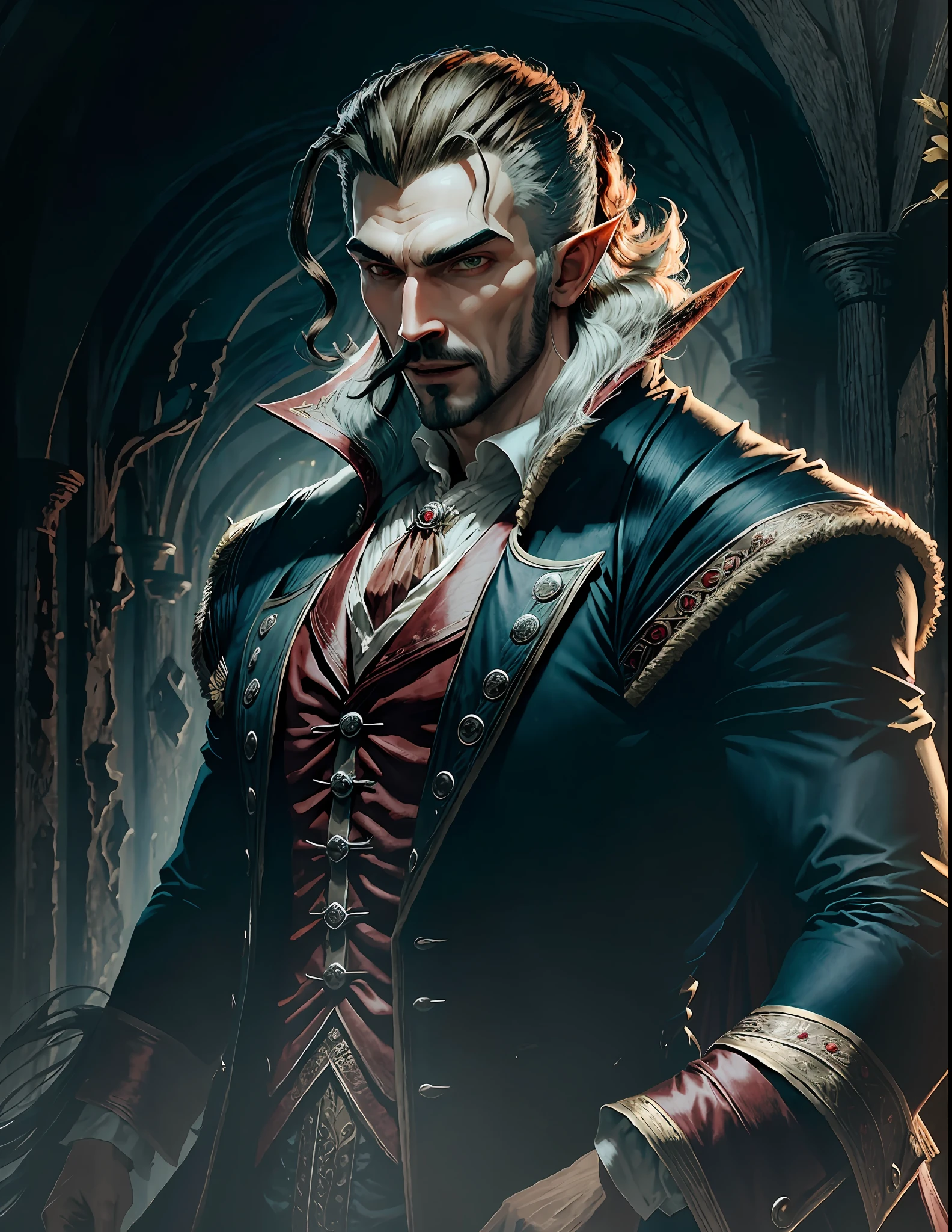 Elfo macho, Villanious, sinistro, veste preta, chaotic hyper realistic,4k , cabelo grande parecido com dracula de Castelvania