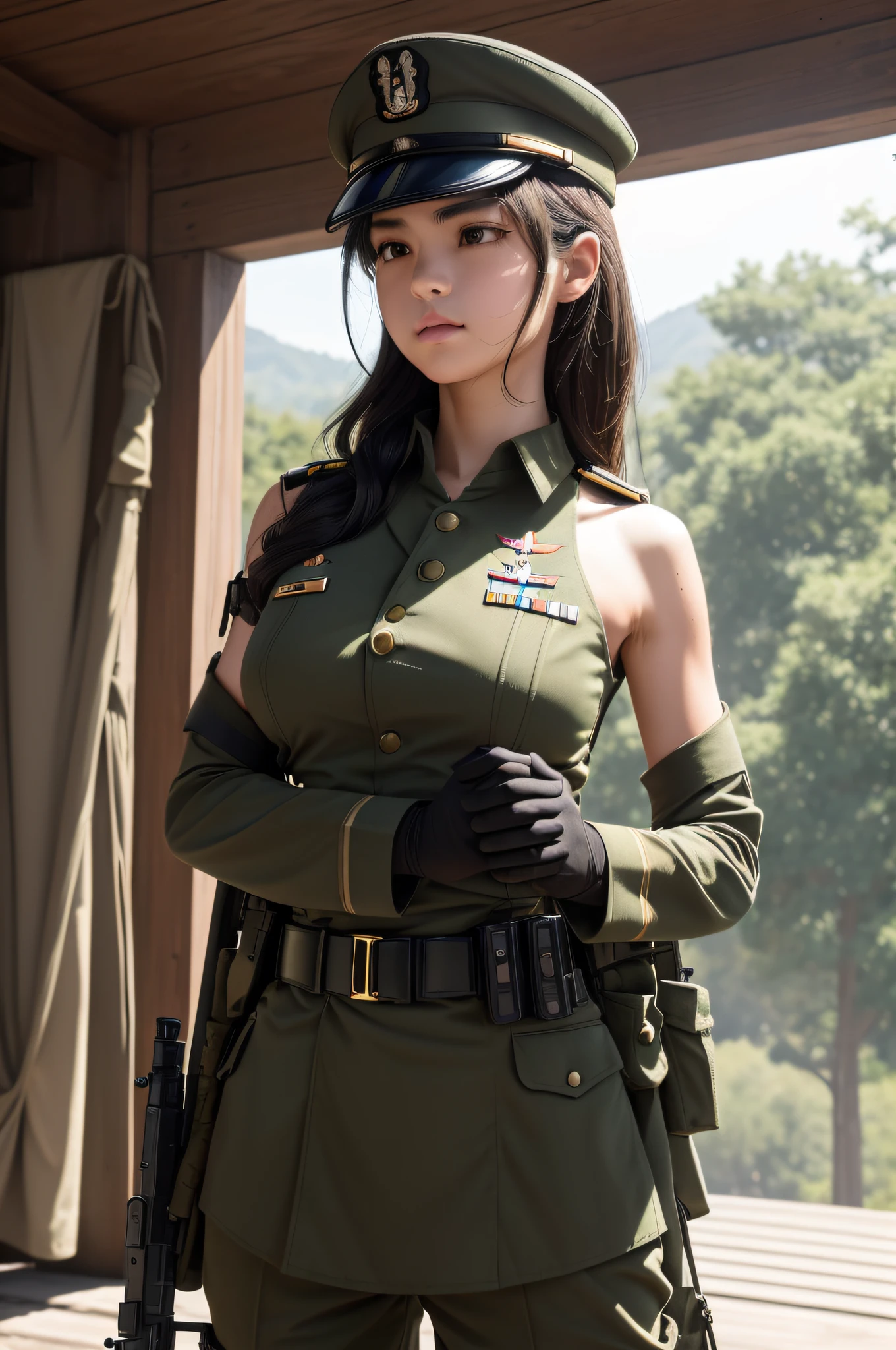 Very detailed CG unity 8K wallpaper，（tmasterpiece），（best qualtiy），（ultra - detailed），（Ultra photo realsisim），（best character detail：1.36），Nikon D750 f / 1.4 55mm，profesional lighting， physically-based renderingt, 1girll, Female soldier，army suit，Dark green military uniform，Fabric texture military uniform，（（（Headband with officer's hat））））（((Hanging guns：1.2)），Pure white lining，Dark green tie，Black hair，the golden ratio,[:(com rosto detalhado:1.2):0.2]:,PureErosFace_V1, broad shoulder,,(big assa:1.5)，Soaked with sweat，red flags，In the square，Splendid scenery，bright sun，upper body photos，Place your hands on your chest，（（（Fighting posture：1.8））），（（（Collar：1.2））），（（（Wearing a military cap：1.2）））,Perfectcomposition,