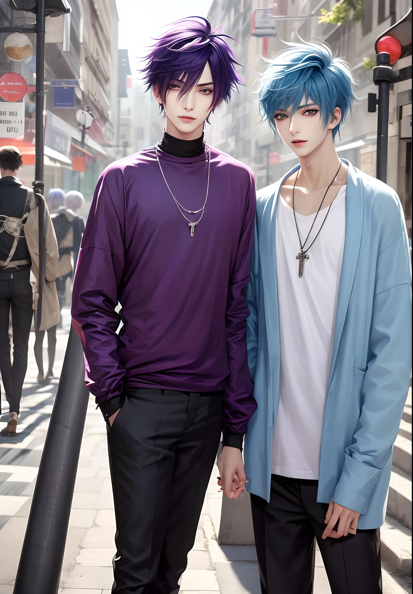 ​masterpiece, top-quality, 2Others, Male couple, 1 man and 1,, Adults, Height difference, different fashion, different color, finely eye and detailed face, intricate detailes, Casual clothing, Oversized shirt, Modern urban streets, A smile, Happiness, tenderness, queers, Boys Love, high-level image quality、 Two beautiful men、tall、The upper part of the body、nightfall、nighttime scene、𝓡𝓸𝓶𝓪𝓷𝓽𝓲𝓬、Korean Male, Idol Photos, k pop, Professional Photos, Vampires, Korean fashion in black and white, Fedoman with necklace, inspired by Sim Sa-jeong, androgynous vampire, :9 detailed face: 8, extra detailed face, detailed punk hair, ((eyes are brown)) baggy eyes, Seductive. Highly detailed, semi realistic anime, Vampires, hyperrealistic , delicate androgynous prince, imvu, short hair above the ears, Man with short hair, With a purple-haired man with a wild expression, Man with light blue hair with gentle expression, ((With a short-haired man with bright purple hair)), ((Man with light blue hair))