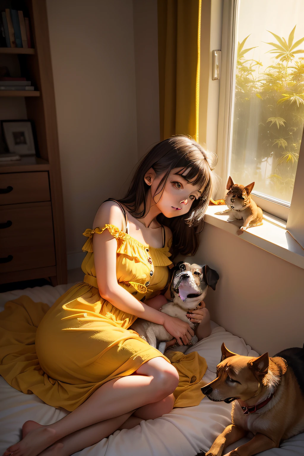 Girl in yellow dress, cannabis, dog, window, creature and bed