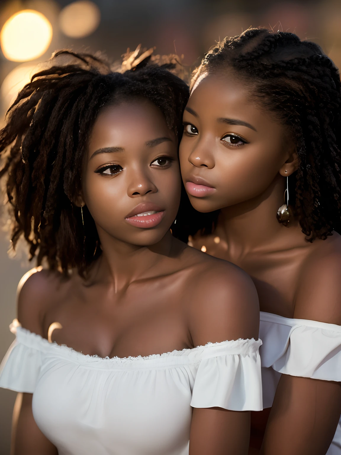 Best quality African American girl, masterpiece, ultra high res, (photorealistic: 1.4), raw photo, 1girl black, off shoulder, cinematic lighting, kissing poses