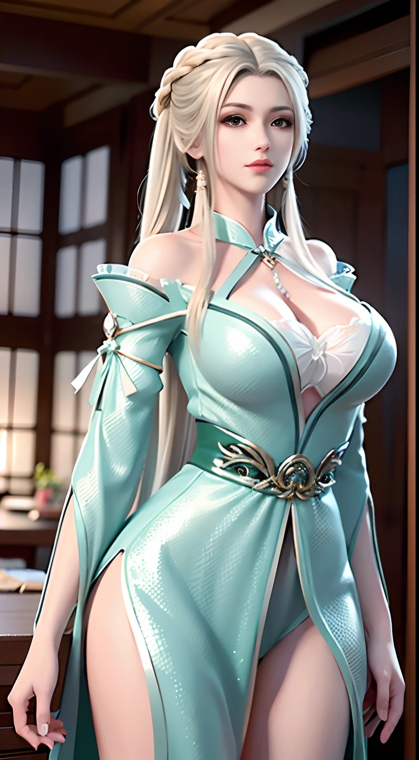 best qualtiy,tmasterpiece:1.4),超高分辨率,realisticlying,Front lighting,Complicated details,Exquisitedetailsandtextures,1girl,独奏,(年轻),Facial highlights,The upper part of the body,Detail face,tear-mole,white skinned,Silvery hair,pony tails,pigtails,looking at viewert,largeeyes,Green cheongsam,(Openwork pattern,black in color,silkouette),耳Nipple Ring,,slimfigure,Deluxe room,profesional lighting,photon maping,Radio City,physically-based renderingt,