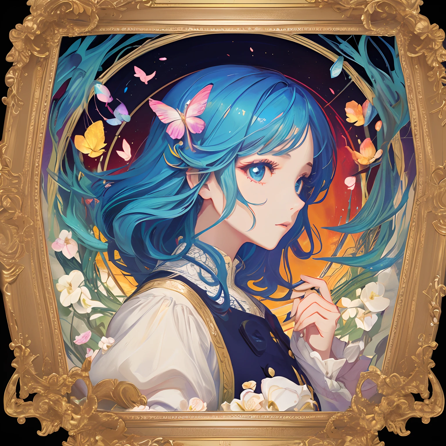 Beauty 1 person、(​masterpiece、top-quality、top-quality、Beautifully Aesthetic:1.2)、(1girl in:1.3)、(Fractal Art:1.3)、picture frame、rainbow hair、Detail Frame、Dynamic、florals、paint、round frame、Geometric pattern、faces、royal family、Lots of petals fluttering、look up to、Expressive thinking
