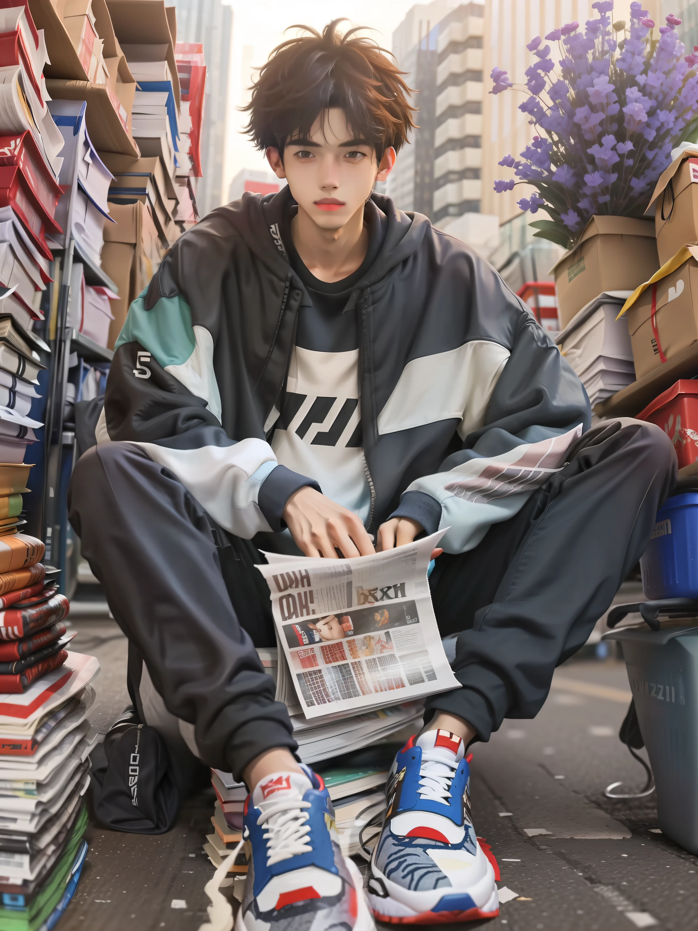 Good-looking boy，Sitting on a pile of newspapers，Feet on a pile of newspapers, streetwear fashion, casual streetwear,newspaper style, casual clothing style, Male ulzzang, Cute casual streetwear,