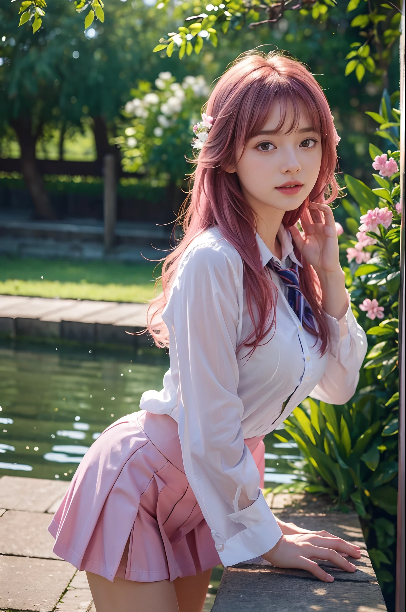 ,beautiful detailed water, beautiful detailed sky,fluttered detailed splashs ,{best quality}, {{masterpiece}}, {highres}, original, extremely detailed 8K wallpaper, {an extremely delicate and beautiful},masterpiece,ray tracing,petite, 1girl, solo,large breast, pink hair, very long hair, school uniform, happy,outdoors, , excited,by Paul Hedley,sunlight,reflection light,with flowers in hand,wet hair,,hair_flower,,