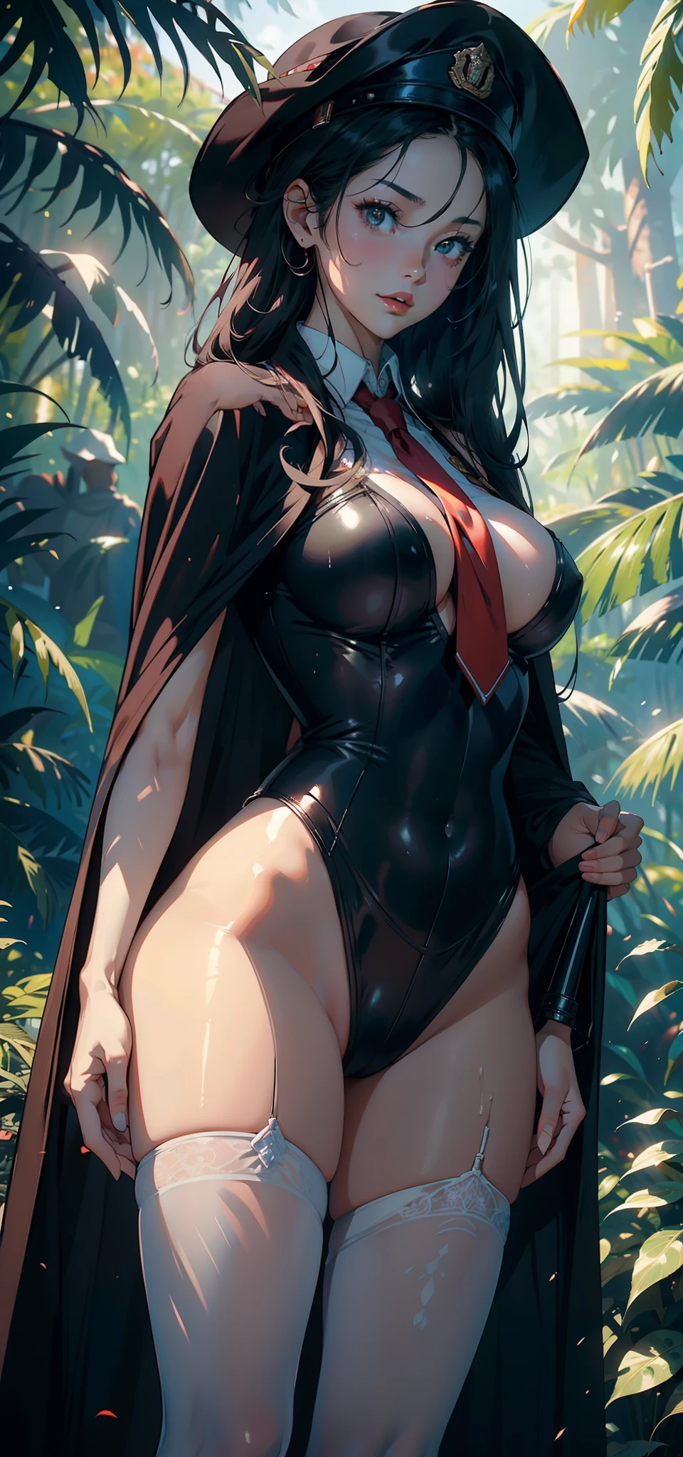 2 women's beauty pageants,25 age old,Large breasts,Pornographic exposure, 独奏,(Background with:ln the forest,the rainforest,in summer) with his long black hair,standing on your feet,Sweat profusely,drenched all over the body,seen from the front, curlies, mostly cloudy sky,(((tmasterpiece),(Very detailed CG unity 8K wallpaper),best qualtiy,cinmatic lighting,detailed back ground,beatiful detailed eyes,Bright pupils,(Very fine and beautiful),(Beautiful and detailed eye description),ultra - detailed,tmasterpiece,)),facing at camera,A high resolution,ultra - detailed),revealing breasts,Bare genitalia, Bulge,Camel toes,Raised sexy,Flushed complexion,Open-mouthed,frontage,girl soldier,military hat(Wearing:White loose shirt,black necktie,Pantyhose,Red cape)nakeness,high-heels