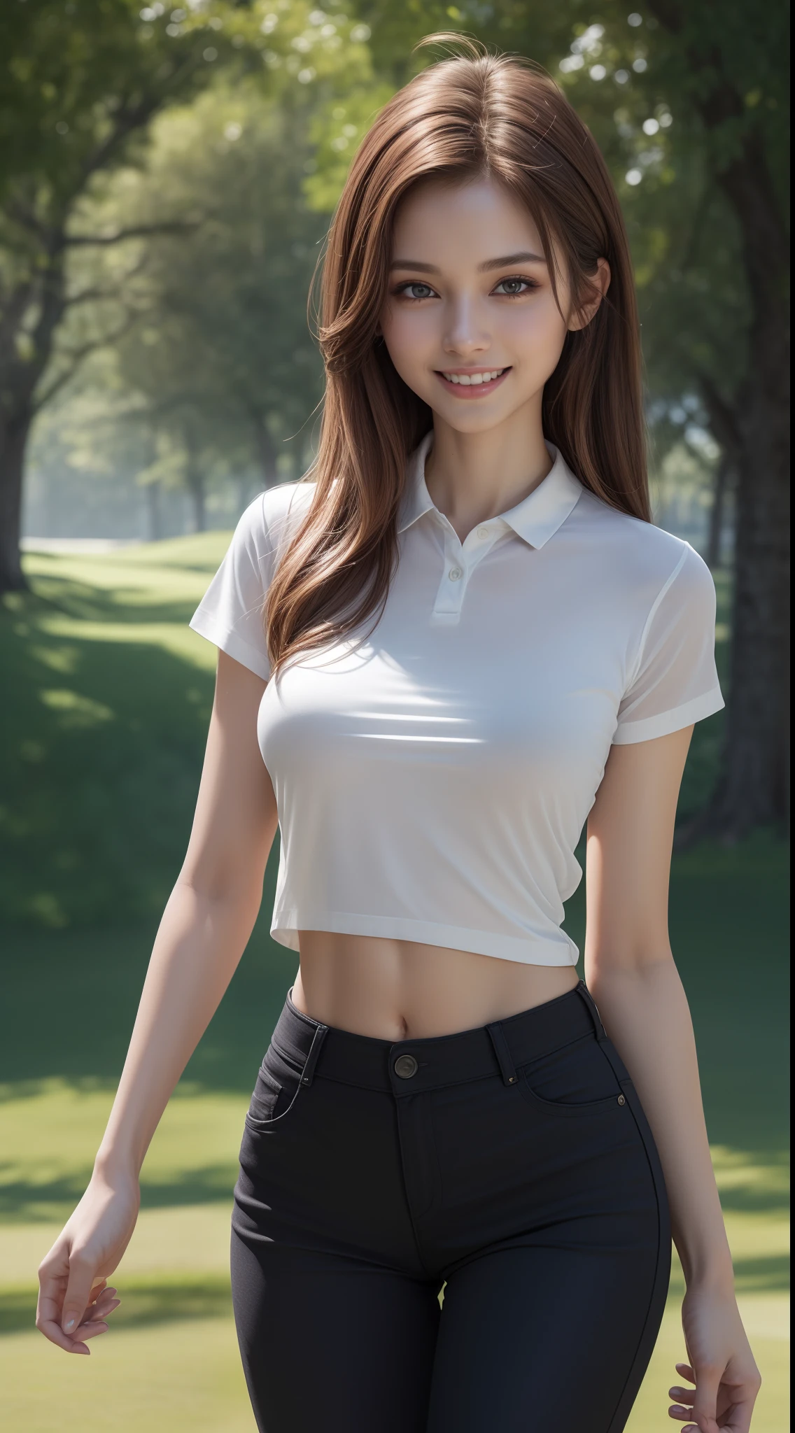 8k, masterpiece, RAW photo, best quality, photorealistic, extremely detailed CG unity 8k wallpaper, Depth of field, Cinematic Light, Lens Flare, Ray tracing, (extremely beautiful face, beautiful lips, beautiful eyes), intricate detail face, ((ultra detailed skin)) 1girl, in the dark, deep shadow, pretty girl, (very slim slender fit-muscled body:1.3), ((looking at viewer)),(big smile:1.3), clear eyes, walking , front shot, (pale skin), (big eyes), face forward, (upper body shot), (brown hairs), open navel, (looking at viewer:1.3), very slim, medium breasts, thick thighs, see through, wet tight shirts,  color shirts, golf uniforms, pink shirts golf course, landscape, blue sky, lake, sunshine