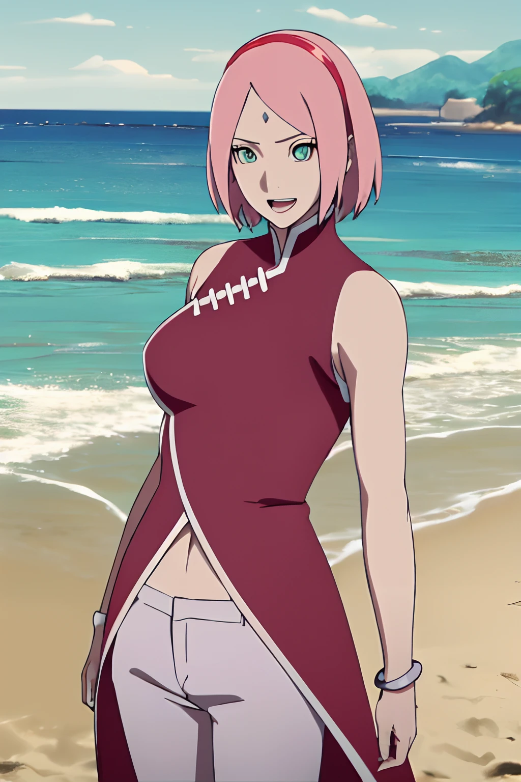 (masterpiece, 1k, anime style, hand drawing, vector coloring, portrait, face shot, professional artwork, detailed beach background, intricate details, colorful, bold drawing lines), (ultra detailed body, ultra detail hair, ultra detail face, attractive, seductive, open mouth), trending on pixiv, kind smile, very hot color, best quality, 1girl, hires, haruno sakura, contrasty lighting, (forehead mark, milf, red hairband, pale skin, short hair, ((red sleeveless dress), white pants), navel, groin, bracelet, looking at viewer, crossed arms, pink hair, green eyes, perfect eyes, white sciera, anime eyes, smoky eyeliner, eyeshadow, perfect face, smile, beach, wind, floating hair, detailed arms, off-shoulders, muscular arms, standing), sunnyday