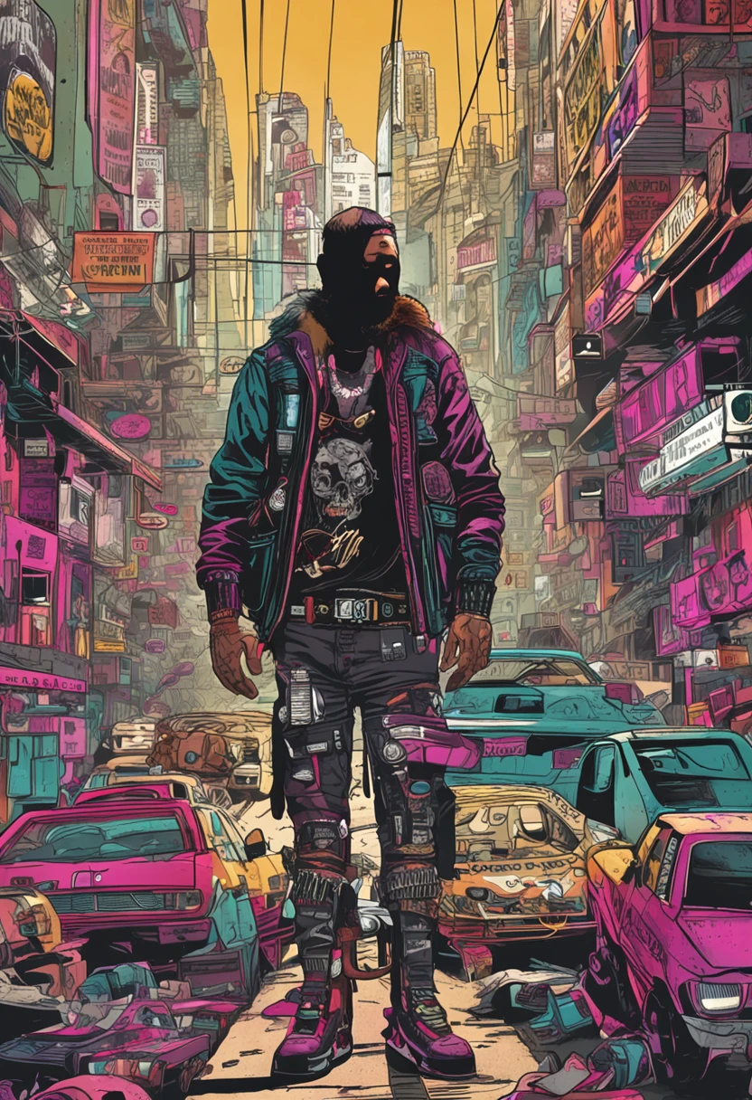 foto proxima de um homem punk, cenario cyberpunk