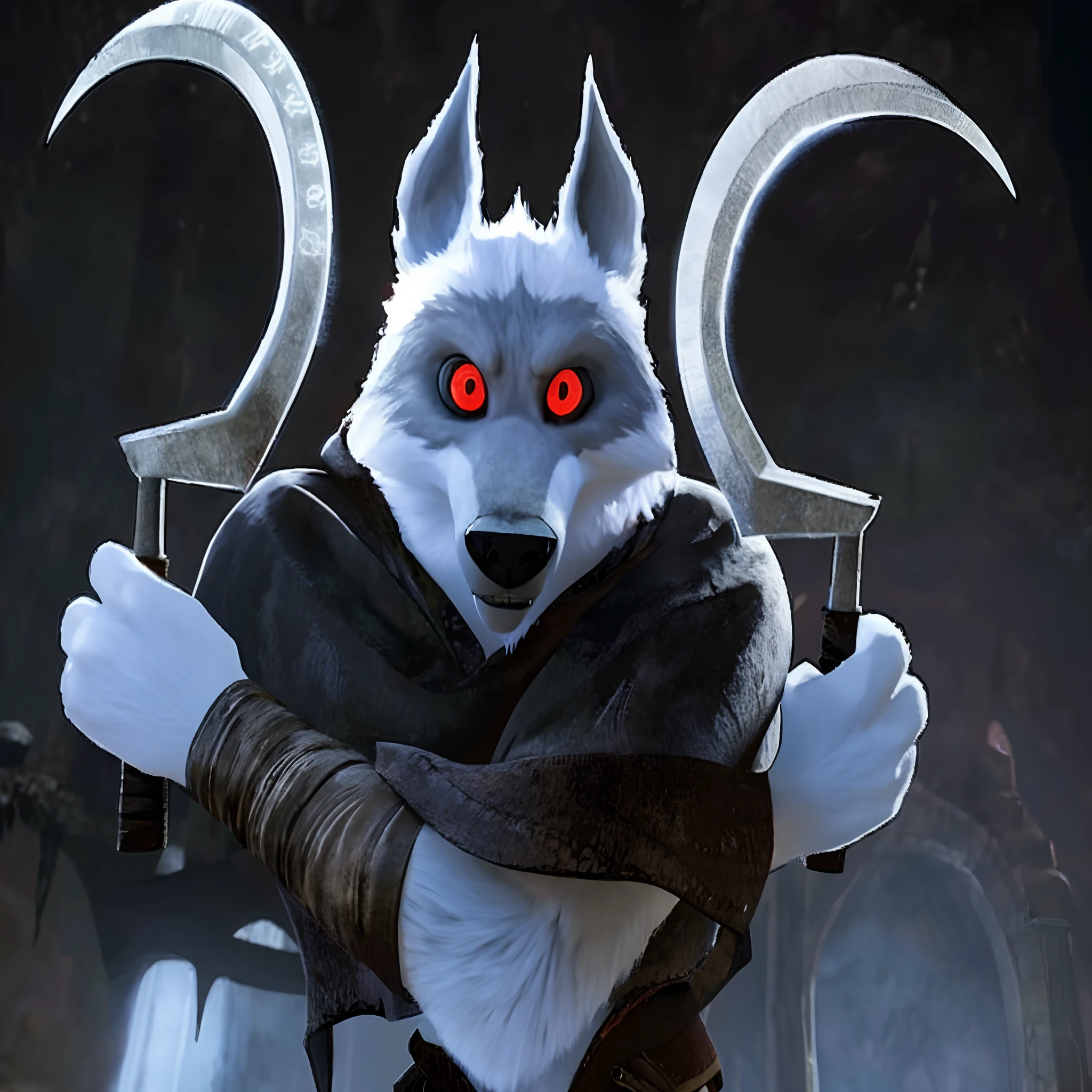 Death Wolf in an original and unique way almost like the movie Puss in Boots 2 the last wish made with little help of the unreal engine 9 looking at the viewer very serious and without patience very beautiful red eyes using the same weapons of the movie 3D ULTRA HD 16K