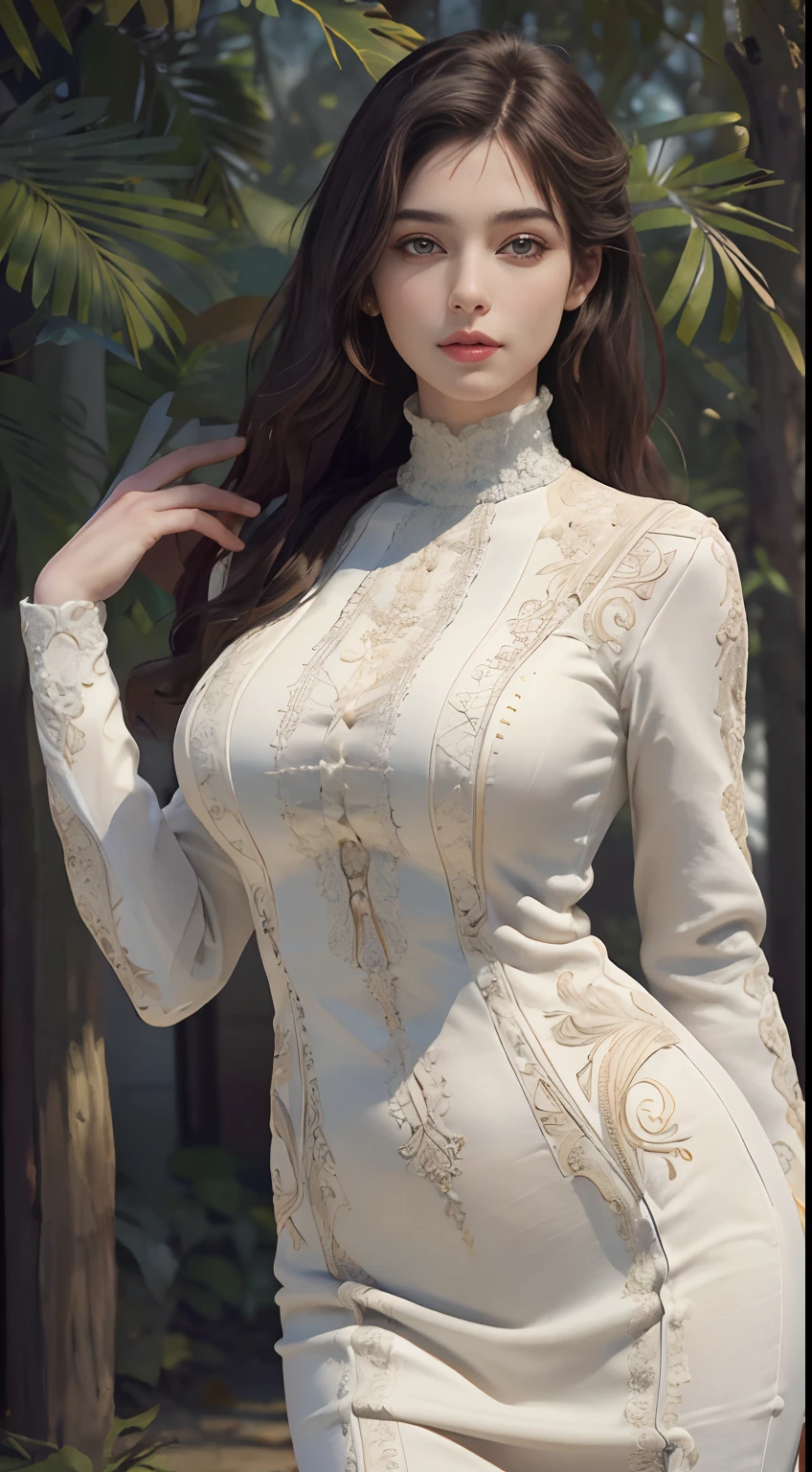 (Masterpiece:1.2, Best quality), Realistic, (Real picture, Intricate details, Depth of field，High neck clothes), parted lip, highly  detailed, Perfect face, Perfect body, Large models,
Mature woman, Tall, Long legs, 
Natural background bokeh