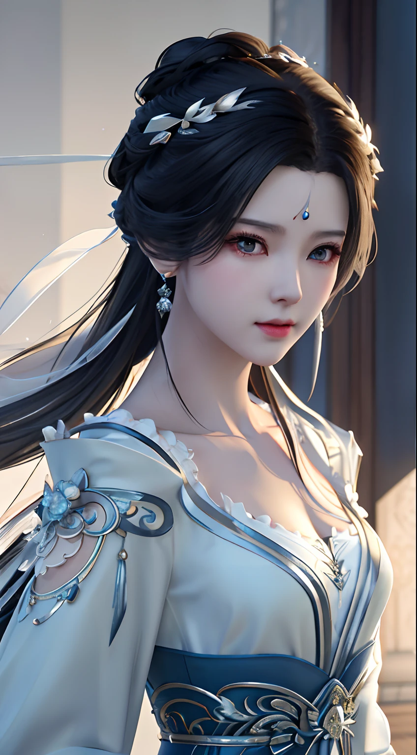 There is a woman in white dress,Wearing a veil,Wear a tie, 3 D rendering character art 8 K, Palace , A girl in Hanfu, Beautiful character painting, Art germ ; 3d unreal engine, a beautiful fantasy empress, Smooth anime CG art, 8K high quality detailed art, ruan jia and artgerm, trending on cgstation