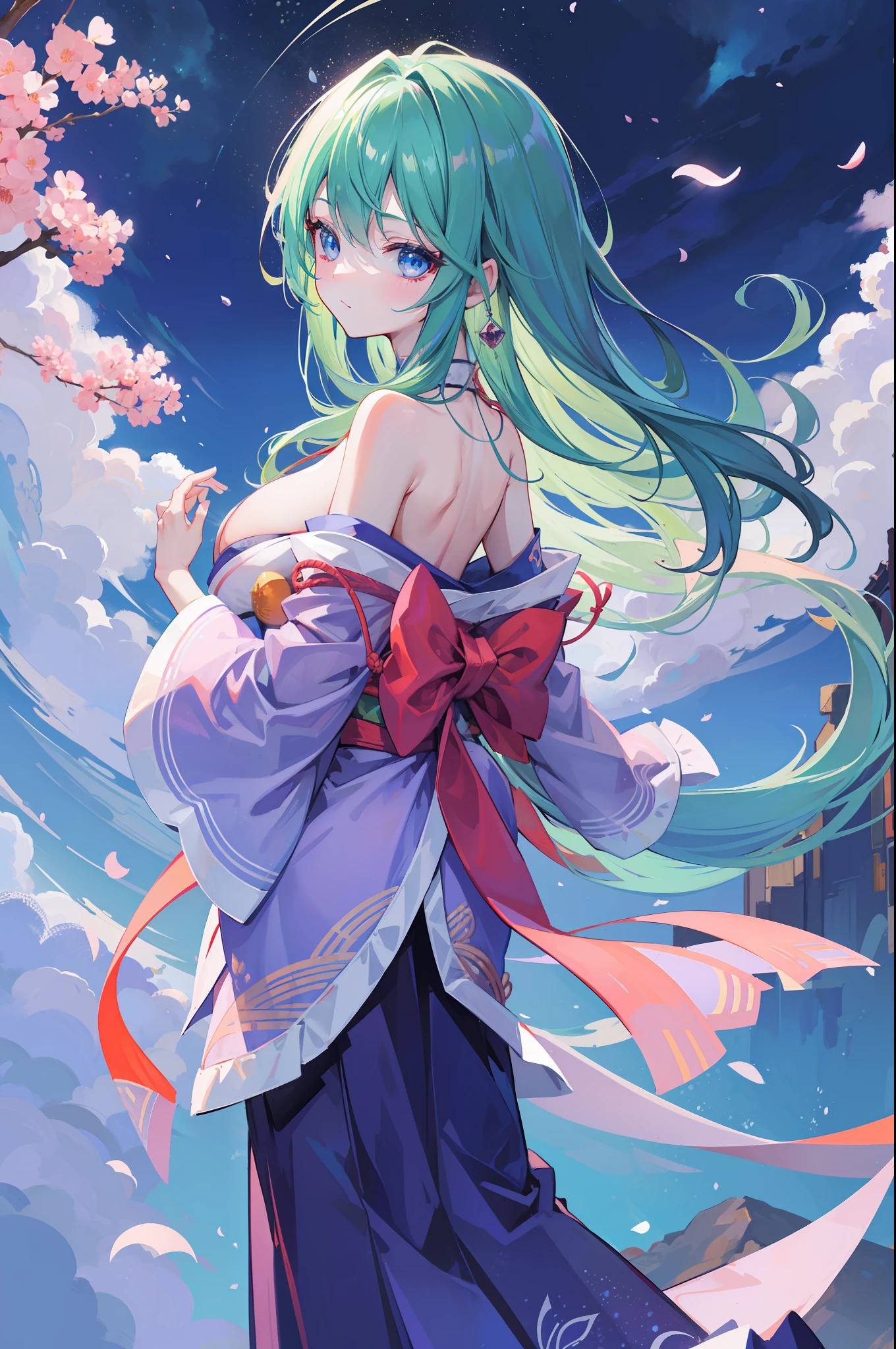 Dark Magician Girl、MKSKS style、1 person、(highly detailed back ground:1.0)、(highly detailed back ground:1.0)、masterpiece、top-quality、超A high resolution、in 8K、full body Esbian、They enjoy、Looking at the sky、Break HA、(1/2 and 1 orange/2 Green hair)、BREAK、Detailed skin、glowy skin、espadrilles、A detailed eye、Blue eyes、Burning cheeks、Wearing makeup、Laughing、Large breasts、Break HA、(1/2 pink and 1/2 Light blue kimono、detailed kimono)、BREAK、(Midsummer Dusk:1.3)