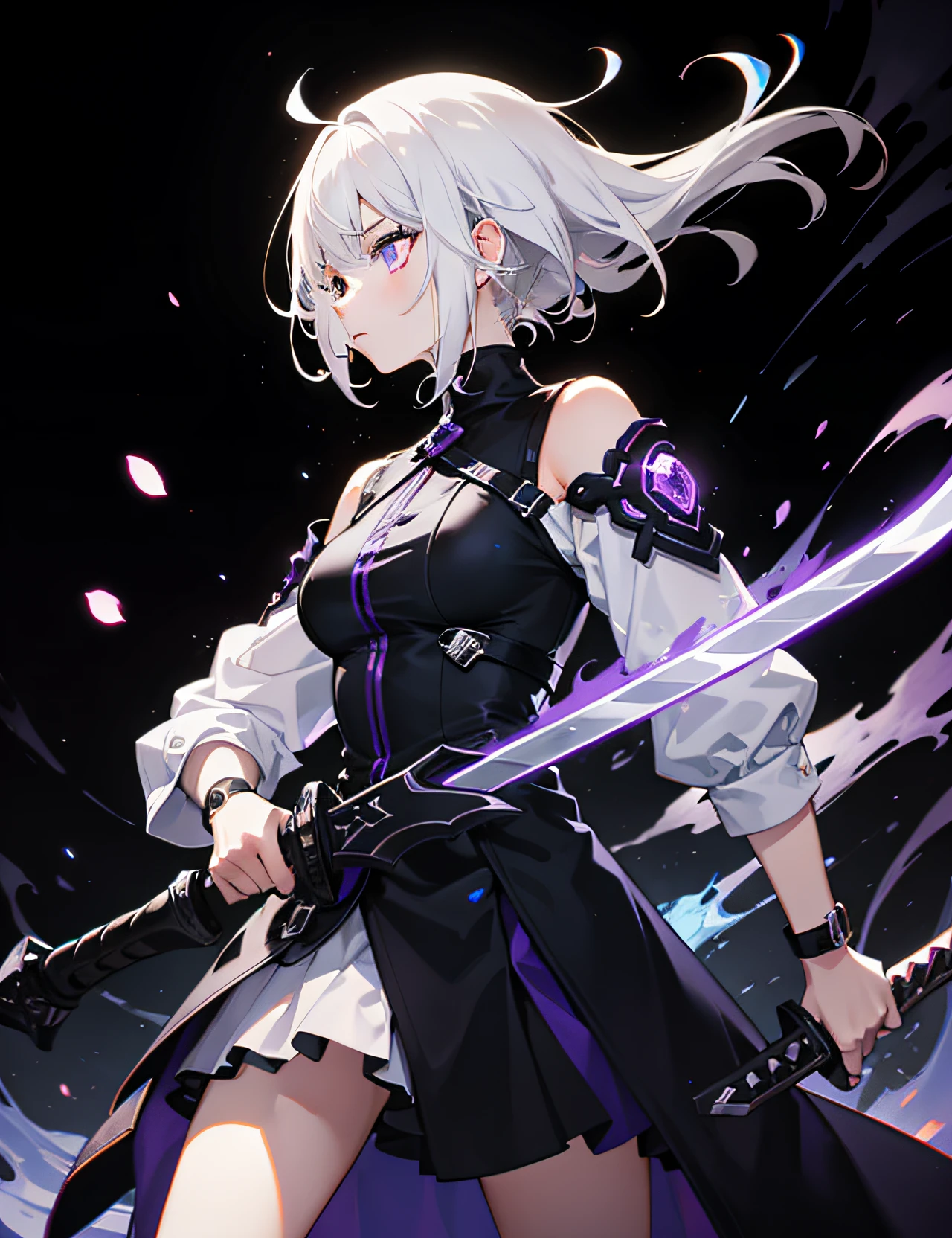 colorful, 1girl, white hair, purple eyes, dual wielding, sword, holding sword, blue flames, glow, glowing weapon, light particles, wallpaper, chromatic aberration,