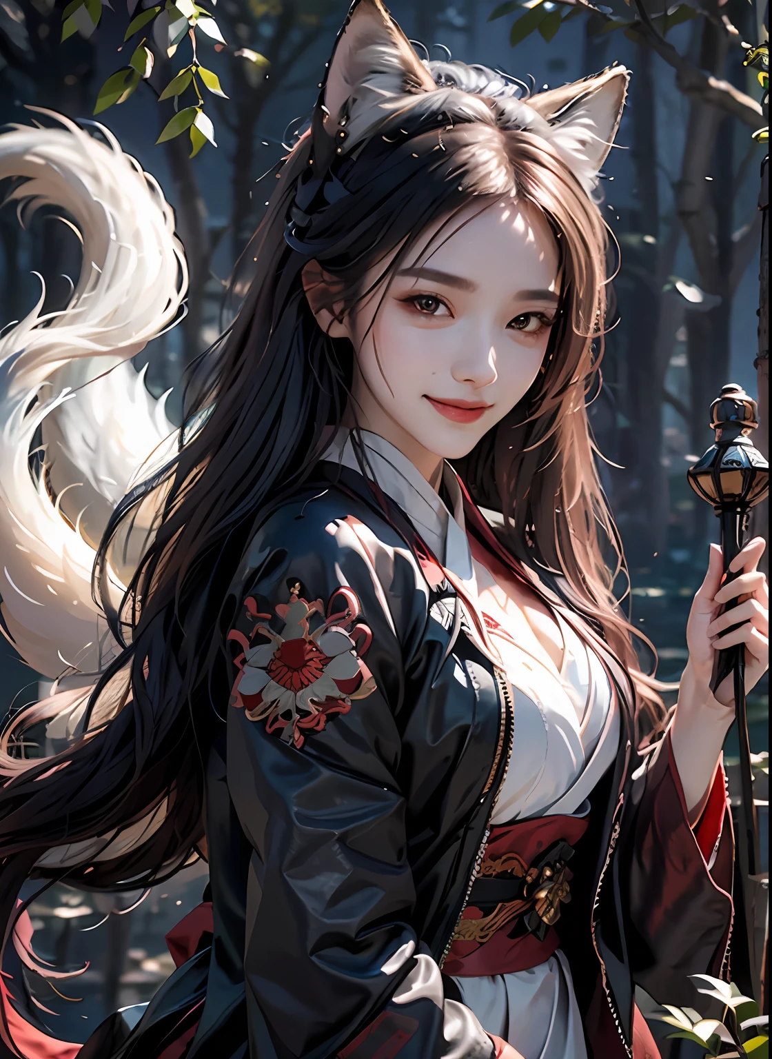 1girl,solo, happy smiling official art, unity 8k wallpaper, ultra detailed, beautiful and aesthetic, beautiful, masterpiece, best quality, Kitsune witch, fox mask, haori jacket, foxfire spell, fox familiar, transformation,depth of field,