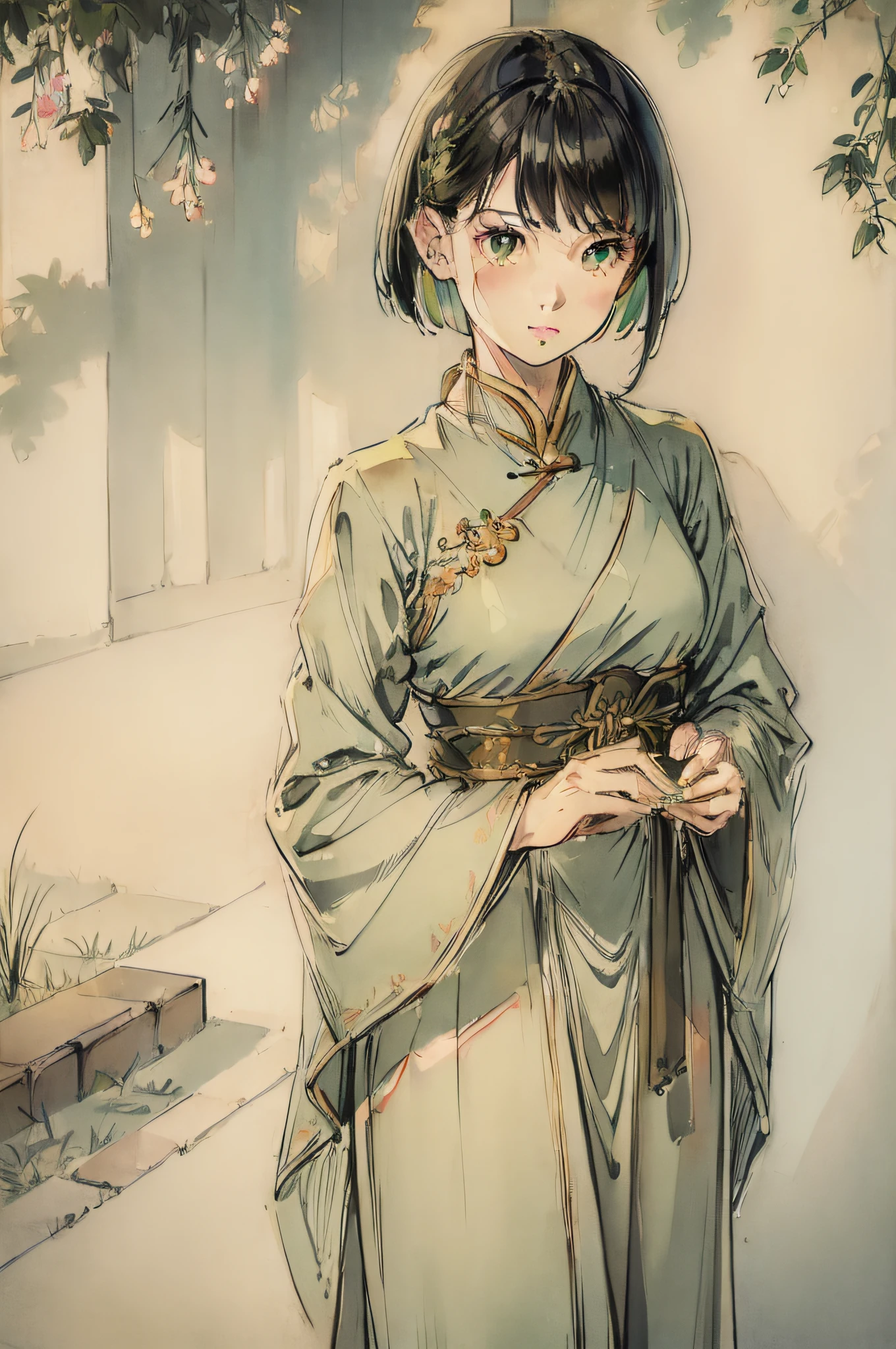 ((photorealistic:1.4)), finely detail, full-body shot, detailed full body features, ((1 girl)), ((solo)), ((extremely detailed face)), chinese girl, ((short straight hair)), ((black hair, bangs)), ((green hair)), perfect lighting, masterpiece, best quality, ultra-detailed, kawaii, long hanfu, light, color, texture, detail, beauty, wonder, colorful, shuimobysim, archer, warrior, fantasy