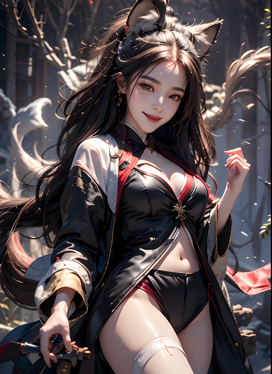 1girl,solo, happy smiling official art, unity 8k wallpaper, ultra detailed, beautiful and aesthetic, beautiful, masterpiece, best quality, Kitsune witch, fox mask, haori jacket, foxfire spell, fox familiar, transformation,depth of field,