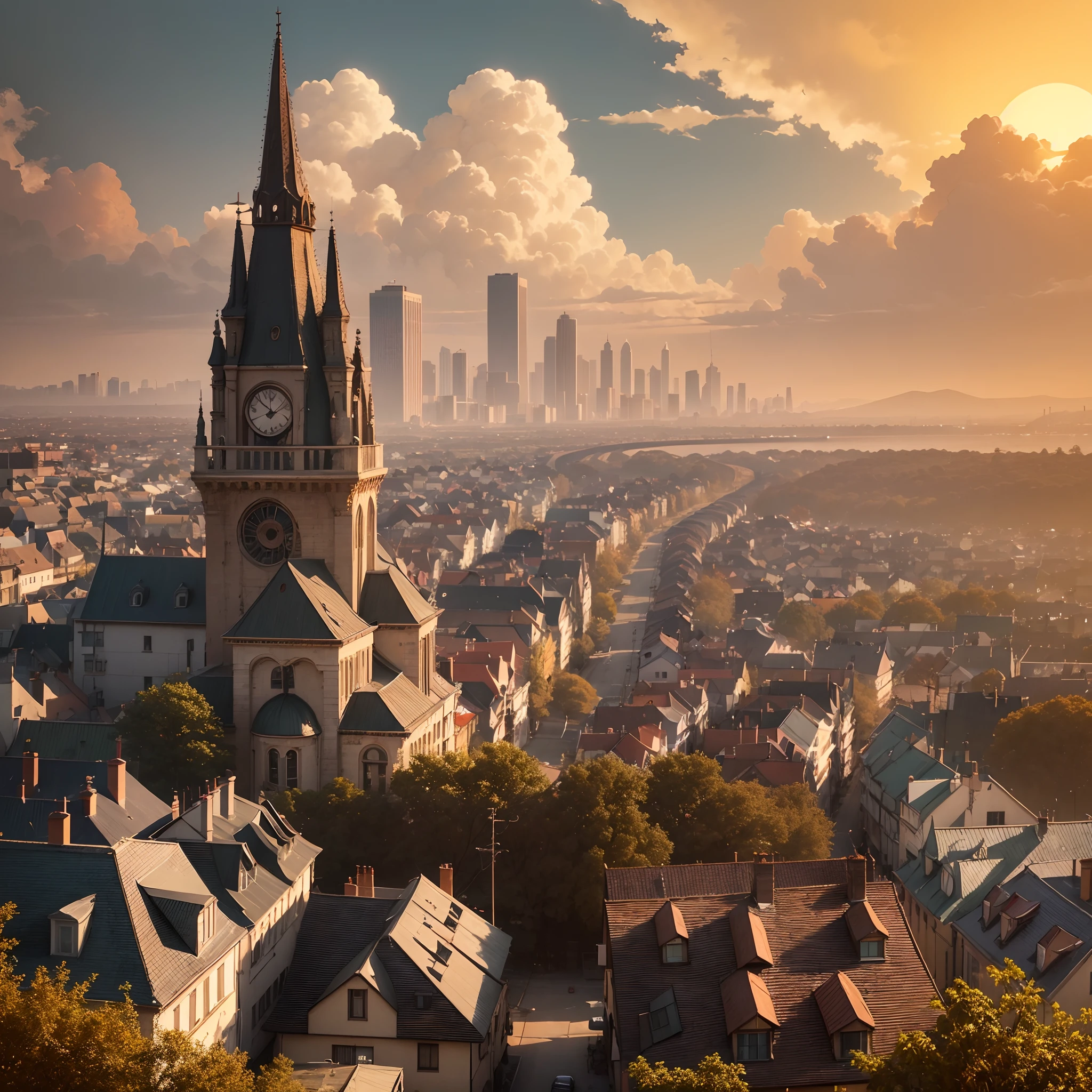 The scenery is a city, it’s late afternoon and the city is illuminated by the orange sun, with shades ranging from orange to yellow, some shops are seen, other houses too. The aesthetics is similar to Disenchantment, the Netflix series. 9:16 --auto --s2