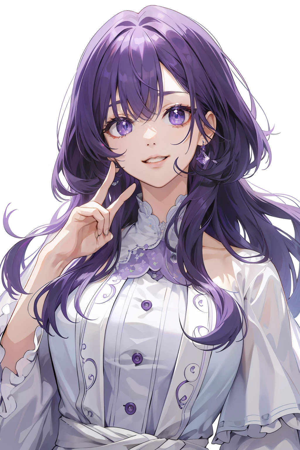 ((top-quality、8K、tmasterpiece:1.3))、Focus:1.2、perfect figure beautiful woman:1.4、((layered haircuts))、White background、Bandeau dress:1.1、Highly detailed facial and skin texture、very large eyes、drooing eyes、二重まぶた、Whitens the skin、Gorgeous Hair in Long Purple、Purple eyes、happy facial expression、Frontal whole body、Anime illustration style