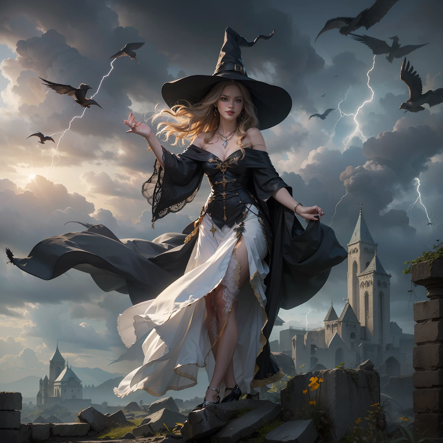 (Numerous award-winning masterpieces, with incredible detail, textures and maximum detail), (hyper realistic:1.4), (realistic:1.3), (upper body up:0.4), (best quality real texture skin), ((medieval world)), finely detailed eyes, finely detailed face, (((witch's old black hat))), (Slim witch in white), (Slim female wizard in white), (Slim witch in black), (slim female wizard in black), Gentle eyes, ((perfect and beautiful fingers)), ((perfect and beautiful arms)), (She has a mischievous smile on her face:1.4), Friendly and girlish face, (The devil dances overhead), Glass earrings on the ears, (dramatic photo:1.6), Shining majestic lightning storm cloud mass and sky, halo optical phenomenon, Anti-Sacred Light, twilight, sunset, dusk, (Dramatic Light), (A majestic sight), (Her expression is calm gentle and very beautiful but somehow scary), (Noble posture), (golden hair, silver hair, chestnut hair), ((Full-length portrait)), ((looks up)), ((looking down)), (full-body standing image:1.5), (Around her neck is a simple necklace with wicked but elaborate workmanship), Altar of Purgatory, Old ruins infested with plants, The Great Temple of the Devil, great cathedral, The Devil's Grand Shrine, temple ruins, detached temple, magic circle, Ruins of an ancient castle, Deserted ruins, crumbling ruins, Ancient ruins with clear water, wavelets, running water,