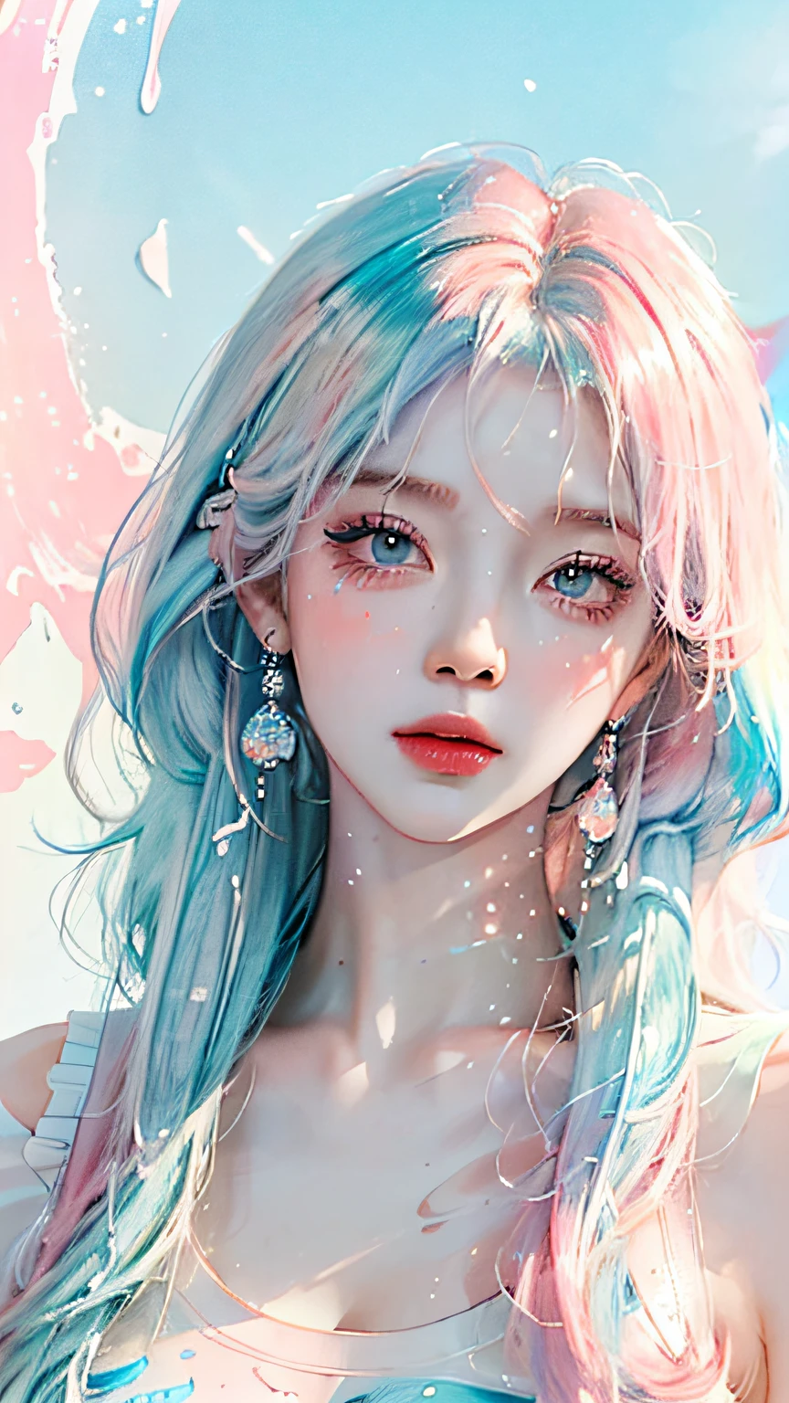 (Masterpiece, Best Quality, High Resolution), White Background, Acrylic Paint, ((Color Splash, Splash of Ink, Color Splash)), Sweet Chinese Girl, Long Light Blue Hair, [Light Blue|Pink] Hair, Curly Hair, Glitter, Peach Lips, White Shirt, Front, Upper Body