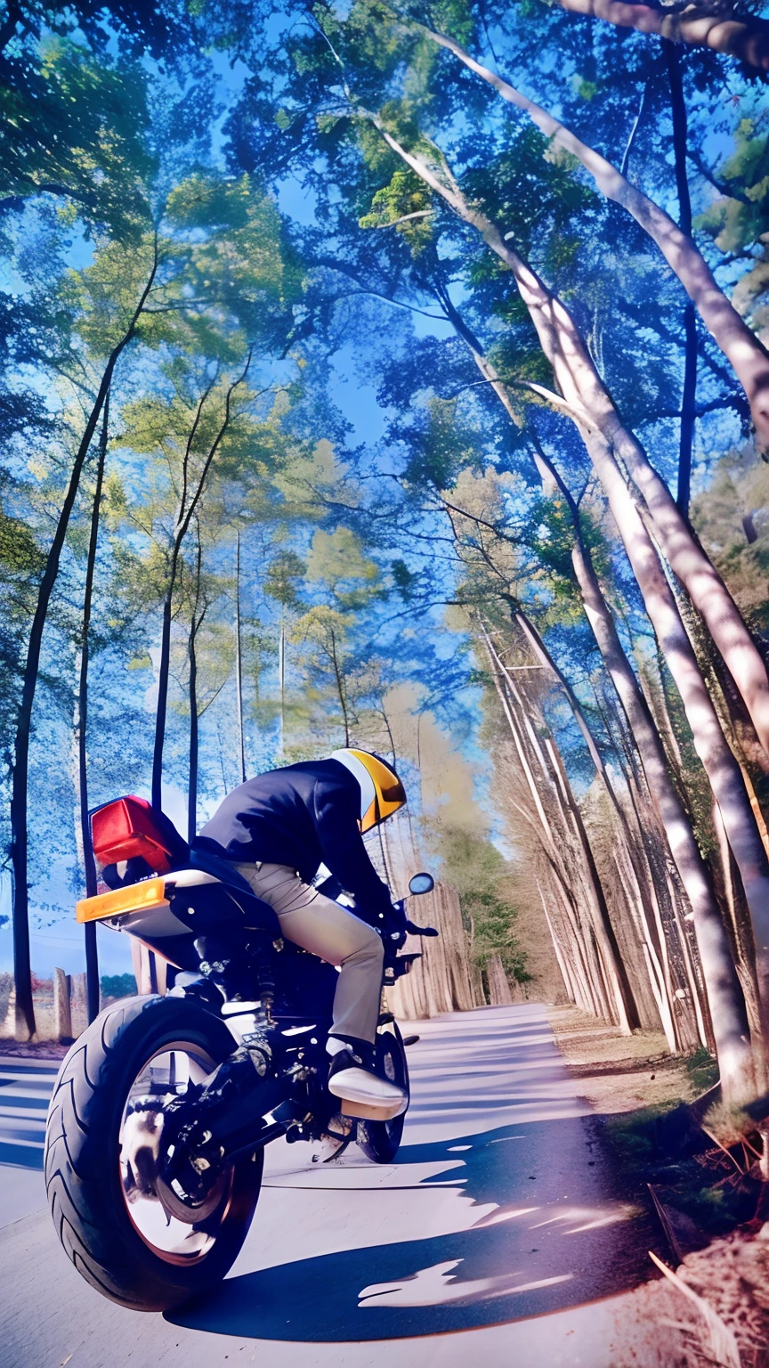 There was a man riding a motorcycle on a road in the woods, riding on the road, Trees in the background, Handsome guy on a motorcycle, riding motorcycles, shot on kodak vision 200t, 3 5mm Kodak color ektochrome, Shoot with an analog camera, 35mm color lomography, shot on leica, riding a motorbike down a street