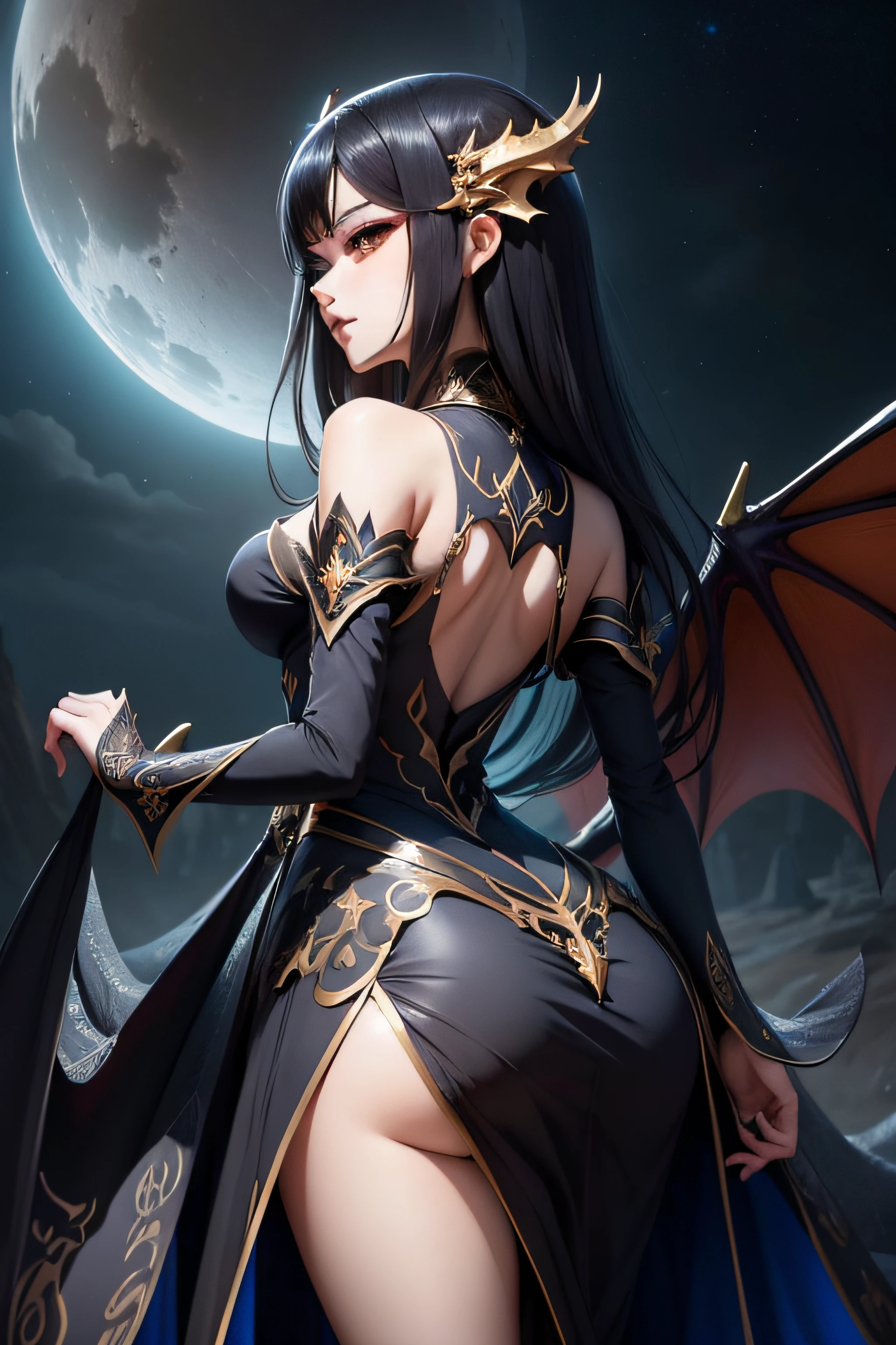 Create an illustration of an anime-style dragon girl character wearing a elegant dress. The dragon girl has sleek black hair that cascades down her back, and her hair has a subtle shimmer to it. She possesses a pair of graceful dragon wings that are partially visible behind her, hinting at her true nature. Her dress is a combination of midnight black and deep shades of blue, adorned with intricate patterns reminiscent of dragon scales. The dress has a flowing, ethereal quality to it, as if it's a part of her natural elegance. The dragon girl stands in a regal pose, exuding confidence and a sense of mystery. The background features a moonlit sky with a few stars, adding a touch of enchantment to the scene."