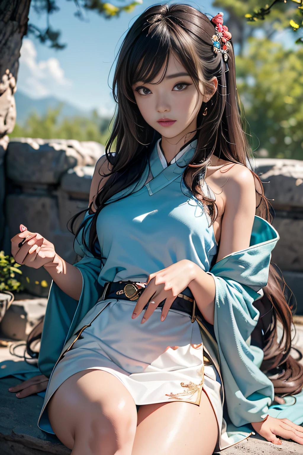 offcial art, 统一 8k 壁纸, ultra - detailed, aestheticly pleasing, tmasterpiece, top-quality,  Girl vs, High school students,brunette color hair, jpn,dynamic ungle, Cowboy shot, vivd colour, (Half: 1.2), (Dreams: 1.5), (Han Feng: 1.5),reallistic,A picture,A sexy,fullnude,Soft look,erotick，The place is in the middle of nature，The underwear is light blue,Sit on the rocks