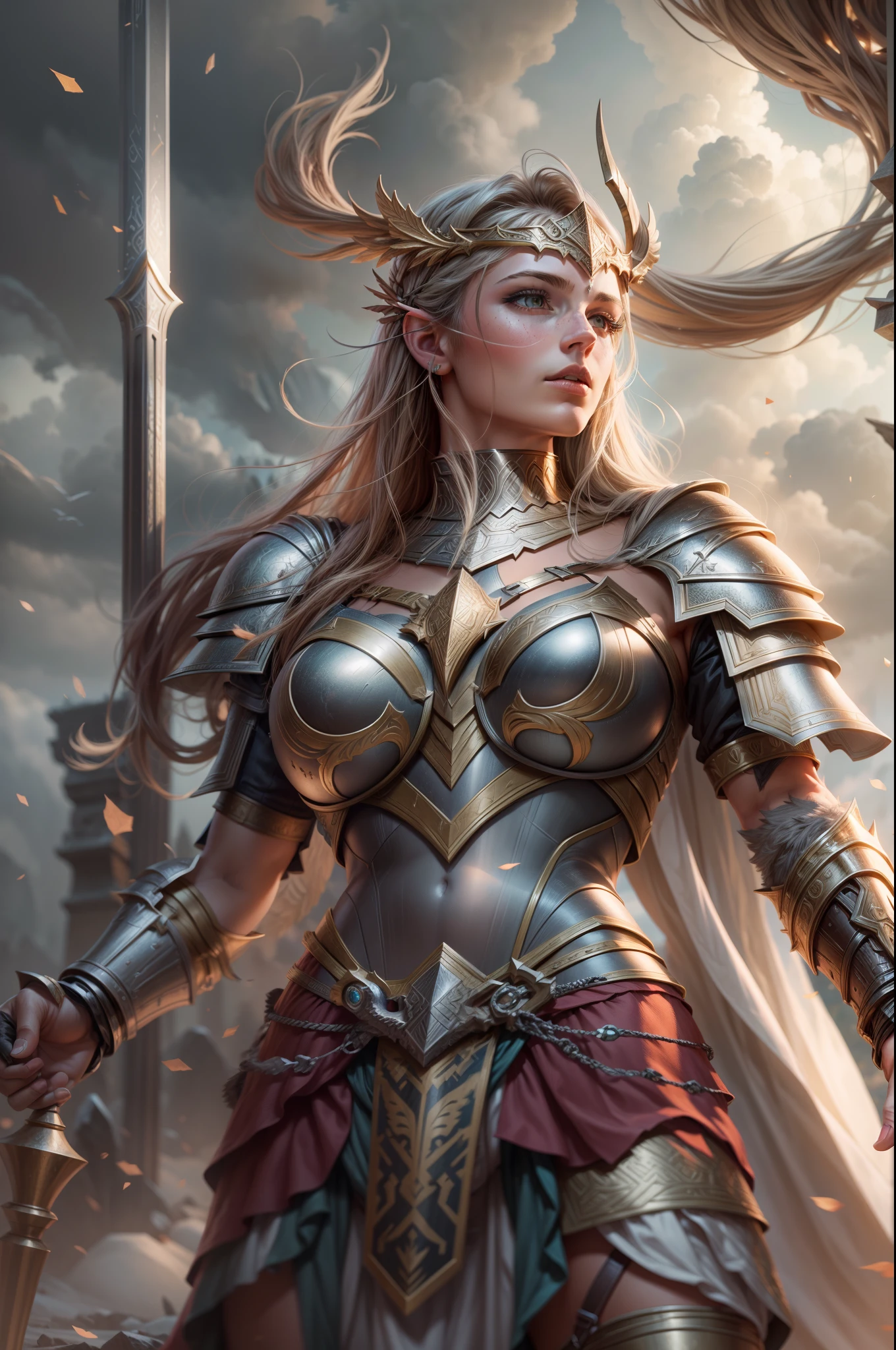 concept art  <lora:bronzepunkai2:.55> bronzepunkai, girl, bronze jewelry, , outdoors, 3/4 body shot, leg  armor, closed helmet