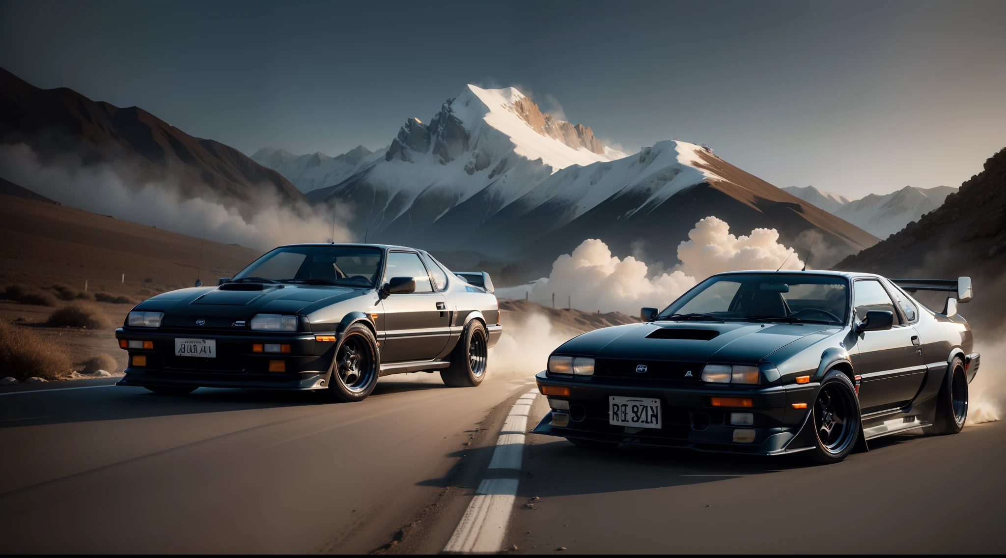 Two cars are competing on a mountain pass,TOYOTA AE86,The body color of the AE86 is Panda Trueno with white upper half and black lower half,Mazda RX-7,The body color of the RX-7 is gold.,drift,8k,during night,dynamic scene,Sand smoke,Dynamic lighting,Headlights are on,Customized Car