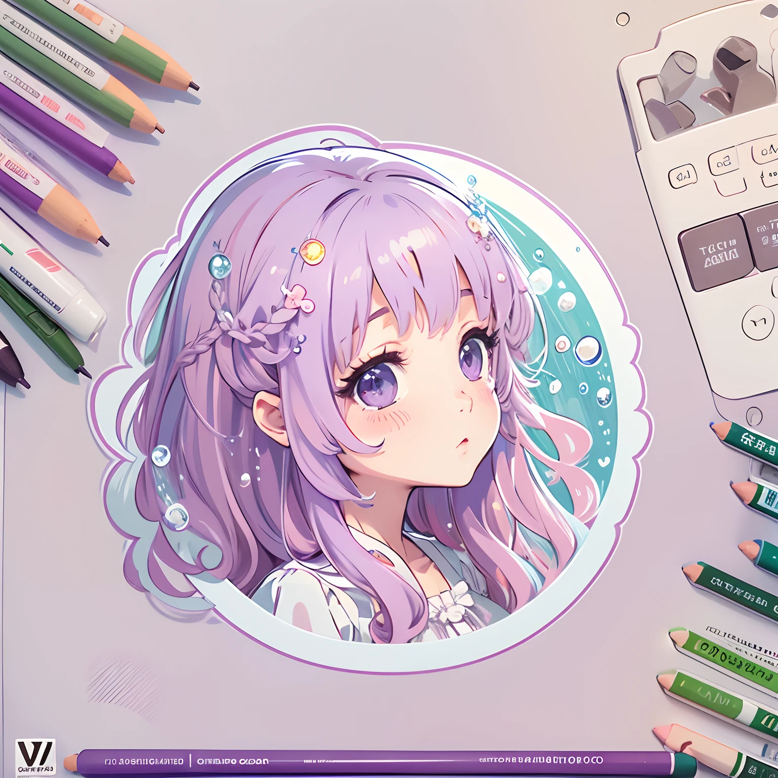 Sticker, Cute anime girl head, Long pink hairstyle,Light purple eyes,Cute white dress,There is a feeling of water droplets all around,in circle, White background, Light blue background,Simple, Ultra detailed, Detailed drawing, vectorised, Silhouette, 8K, professional sticker design, Flat design, Vector lines, Sticker, Drawing, Drawing, Full-HD