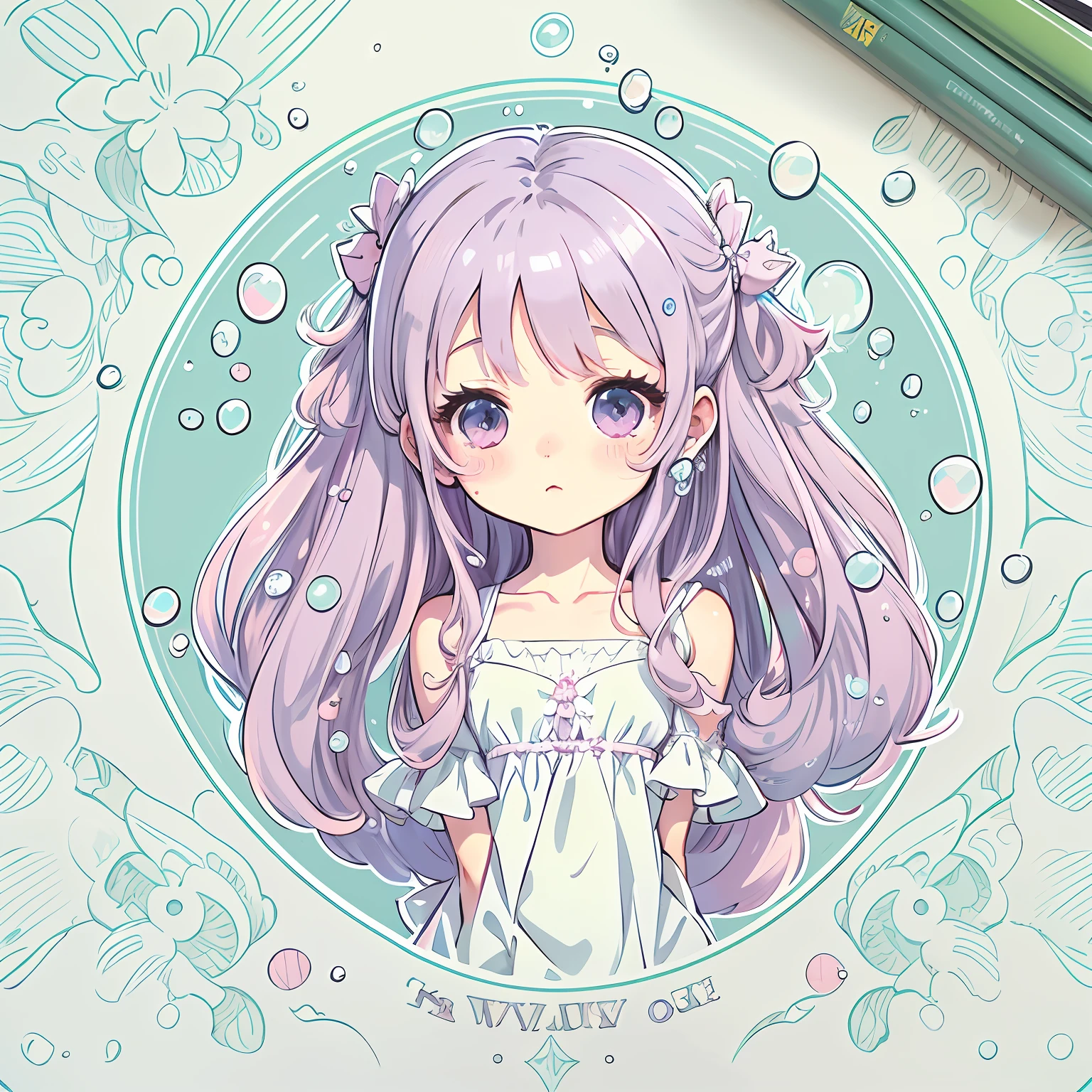 Sticker, Cute anime girl head, Long pink hairstyle,Light purple eyes，Cute white dress，There is a feeling of water droplets all around，in circle, White background, Light blue background，Simple, Ultra detailed, Detailed drawing, vectorised, Silhouette, 8K, professional sticker design, Flat design, Vector lines, Sticker, Drawing, Drawing, Full-HD
