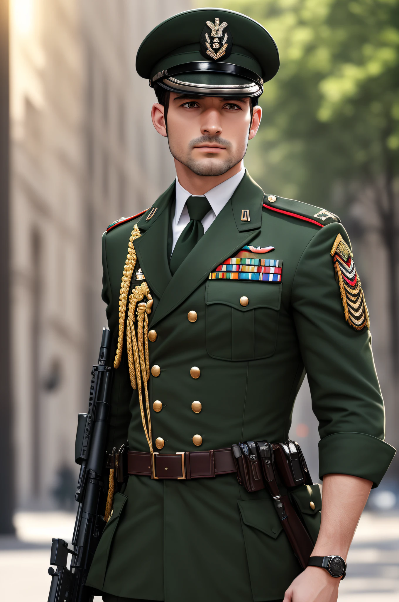 Very detailed CG unity 8K wallpaper，（tmasterpiece），（best qualtiy），（ultra - detailed），（Ultra photo realsisim），（best character detail：1.36），Nikon D750 f / 1.4 55mm，profesional lighting， physically-based renderingt, 1girll, Female soldier，army suit，Dark green military uniform，Fabric texture military uniform，（（（Headband with officer's hat））））（((Hanging guns：1.2)），Pure white lining，Dark green tie，Black hair，the golden ratio,[:(com rosto detalhado:1.2):0.2]:,PureErosFace_V1, broad shoulder,,(big assa:1.5)，Soaked with sweat，red flags，In the square，Splendid scenery，bright sun，upper body photos，Place your hands on your chest，（（（Fighting posture：1.8））），（（（Collar：1.2））），（（（Wearing a military cap：1.2）））,Perfectcomposition,