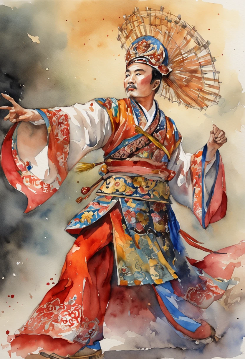 stage lighting,Peking Opera actors performing,War is in the distance,A group of soldiers rushed in