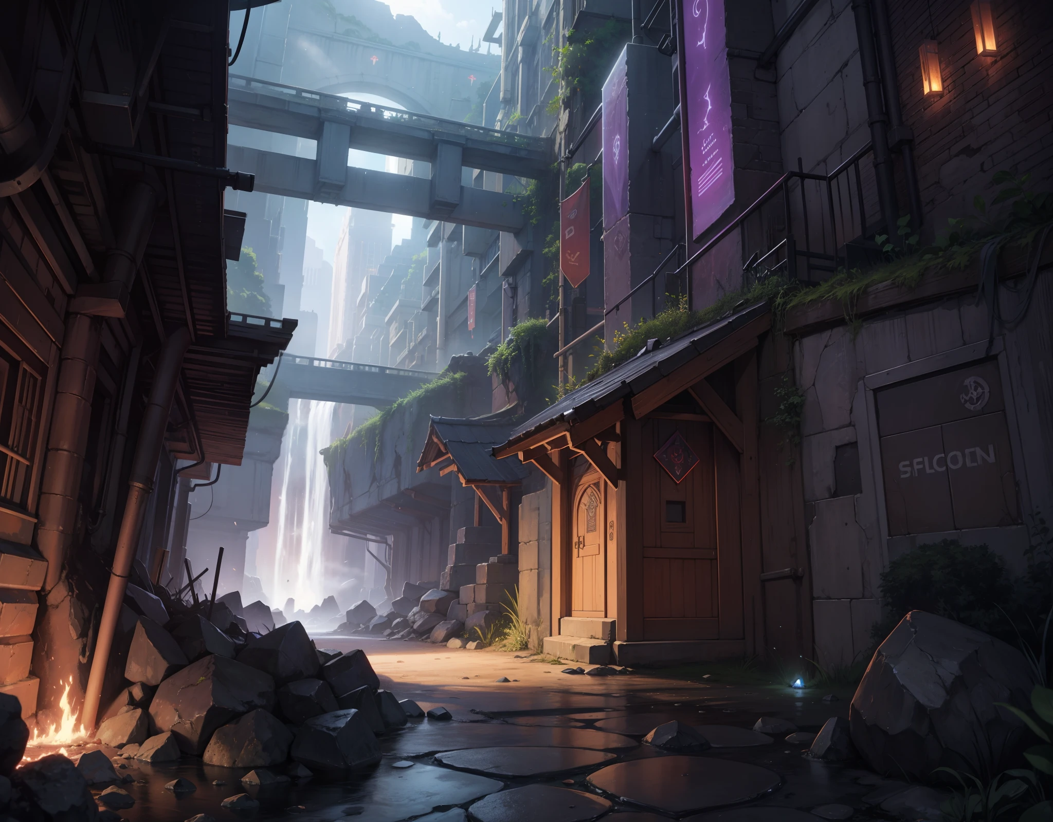 underground city, many buildings, giant city, battlefield background, game background, 2d game background, rpg, mobile rpg, mobile game background, clear design, no character, purple rocks, minerals, escavation