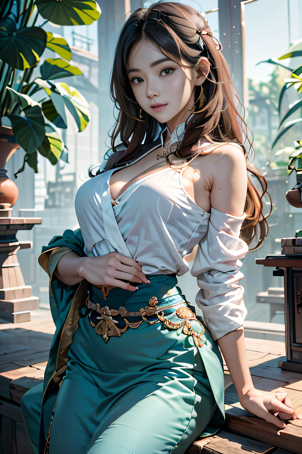 offcial art, 统一 8k 壁纸, ultra - detailed, aestheticly pleasing, tmasterpiece, top-quality,  Girl vs, High school students,brunette color hair, jpn,dynamic ungle, Cowboy shot, vivd colour, (Half: 1.2), (Dreams: 1.5), (Han Feng: 1.5),reallistic,A picture,A sexy,fullnude,Soft look,erotick，The place is in the middle of nature，The pants are light blue,Sit on the rocks